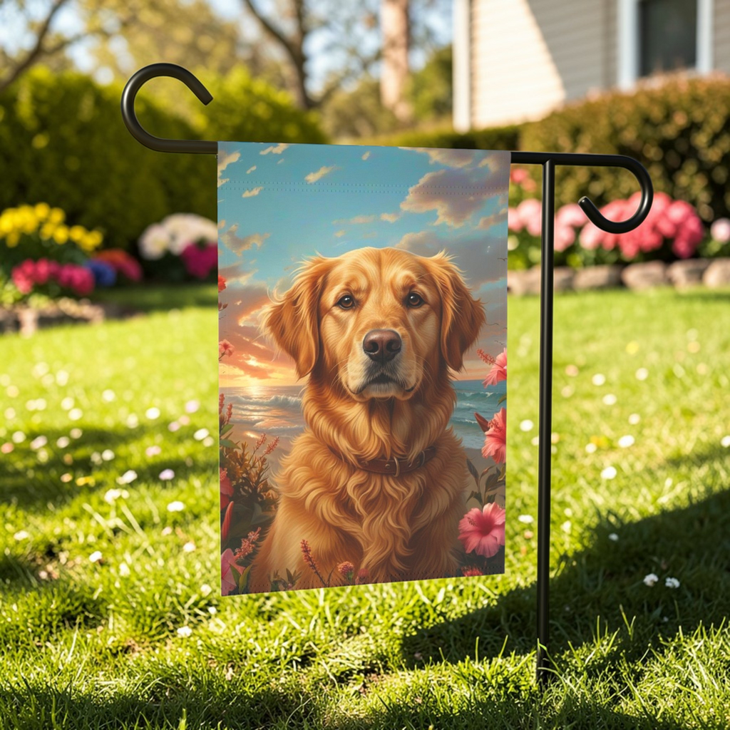 Tropical Sunset Golden Retriever Garden Flag - size comparison - Dragonfire Gardens