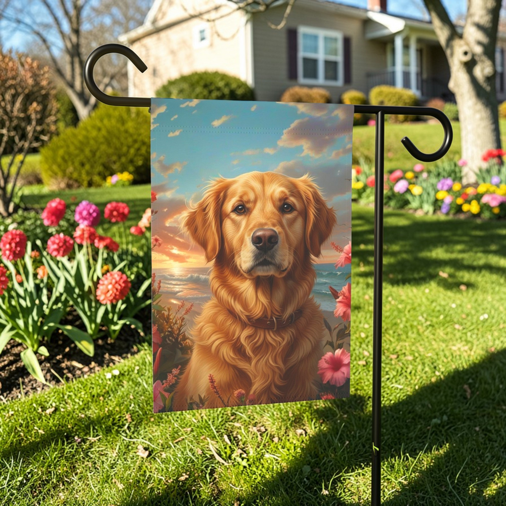 Tropical Sunset Golden Retriever Garden Flag - front view - Dragonfire Gardens