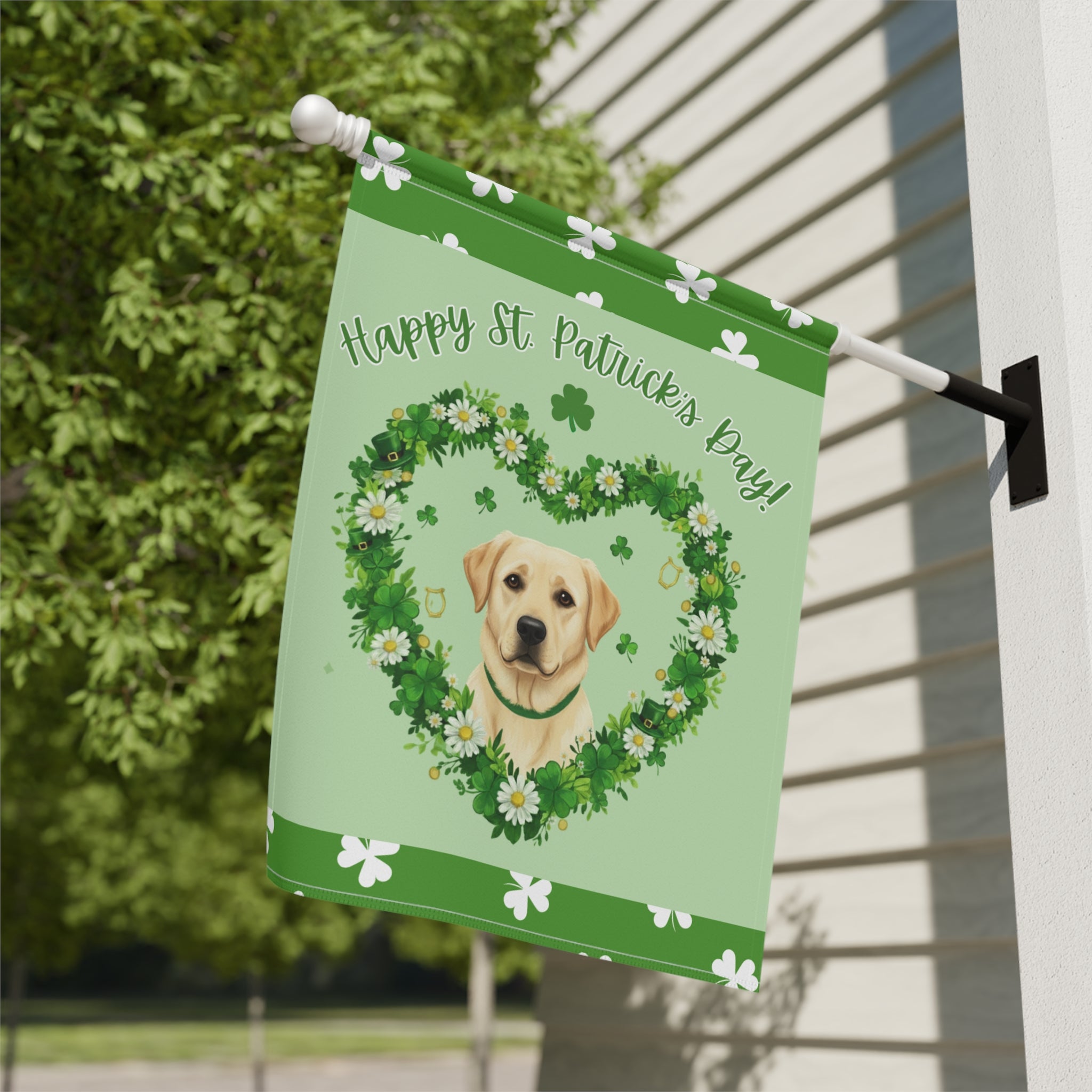St. Patrick’s Day Shamrock Yellow Labrador Retriever Garden Flag - close-up detail - Dragonfire Gardens
