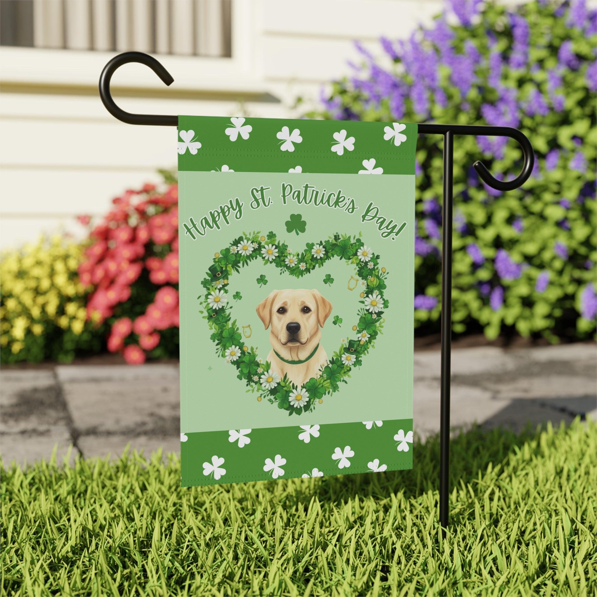 St. Patrick’s Day Shamrock Yellow Labrador Retriever Garden Flag - outdoor display - Dragonfire Gardens
