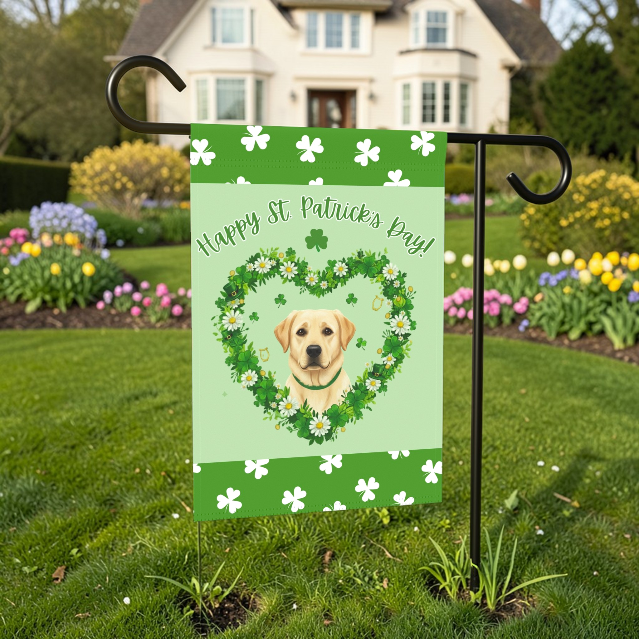 St. Patrick’s Day Shamrock Yellow Labrador Retriever Garden Flag - size comparison - Dragonfire Gardens
