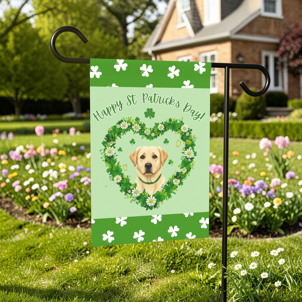 St. Patrick’s Day Shamrock Yellow Labrador Retriever Garden Flag - lifestyle display - Dragonfire Gardens
