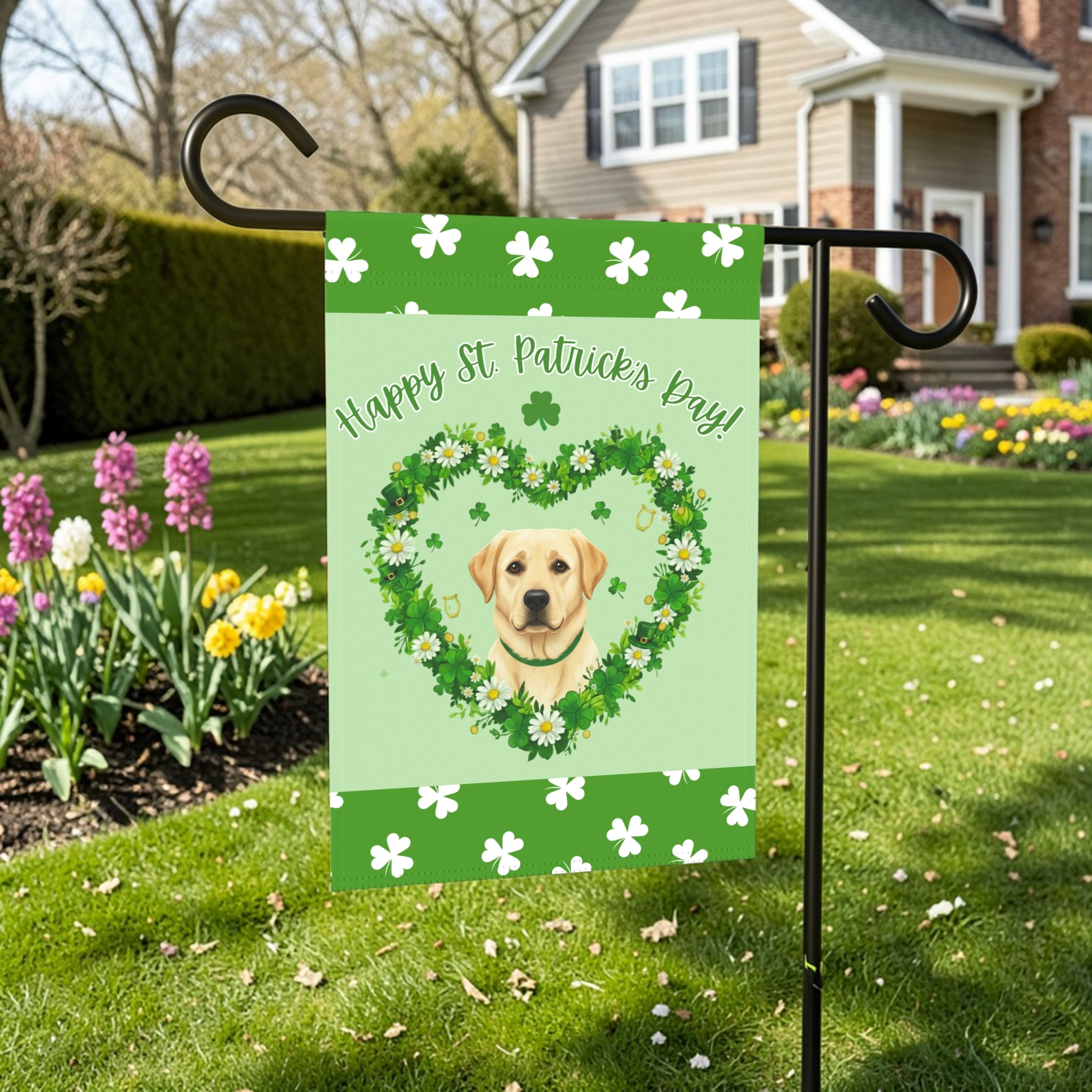 St. Patrick’s Day Shamrock Yellow Labrador Retriever Garden Flag - front view - Dragonfire Gardens