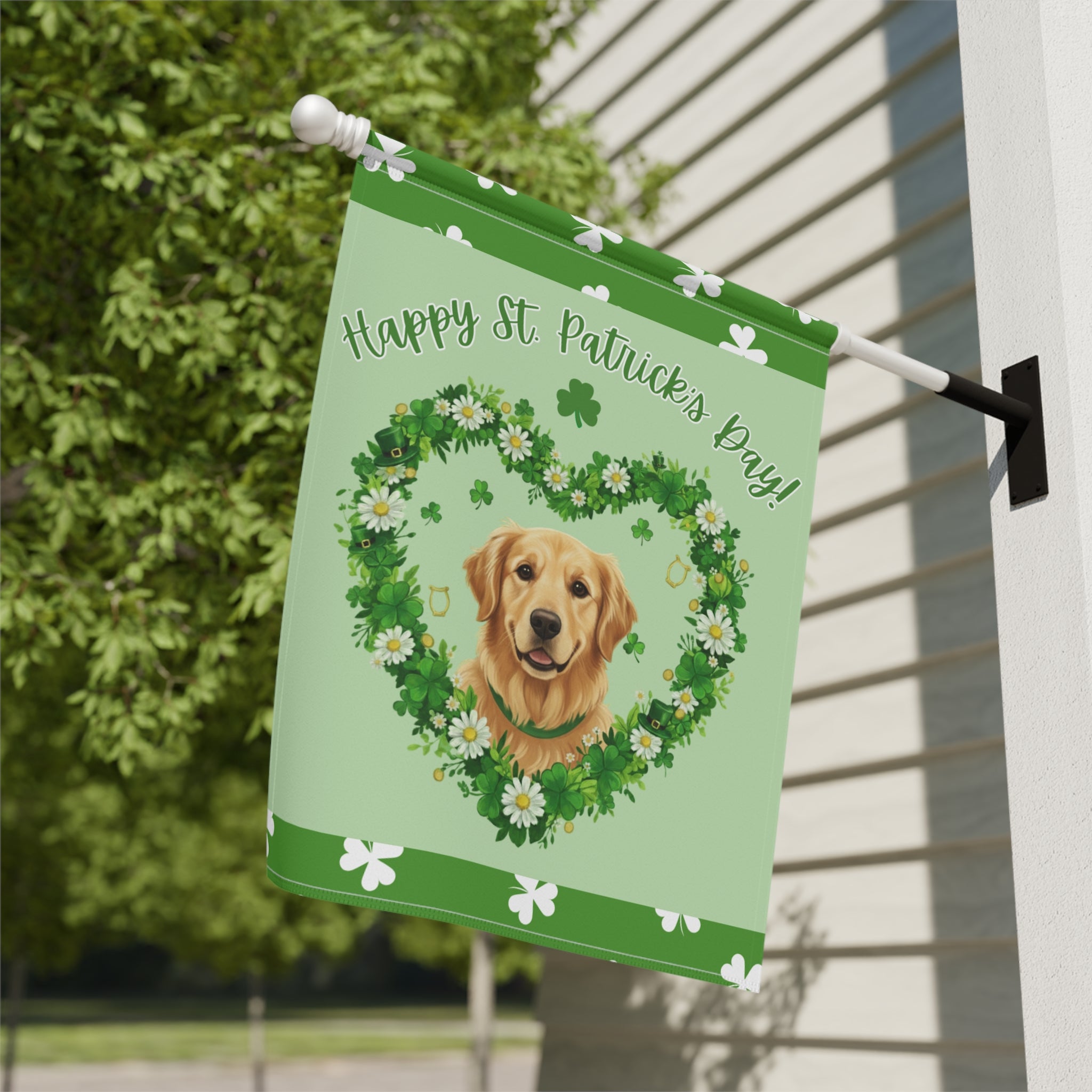 St. Patrick's Day Shamrock Golden Retriever Garden Flag - close-up detail - Dragonfire Gardens