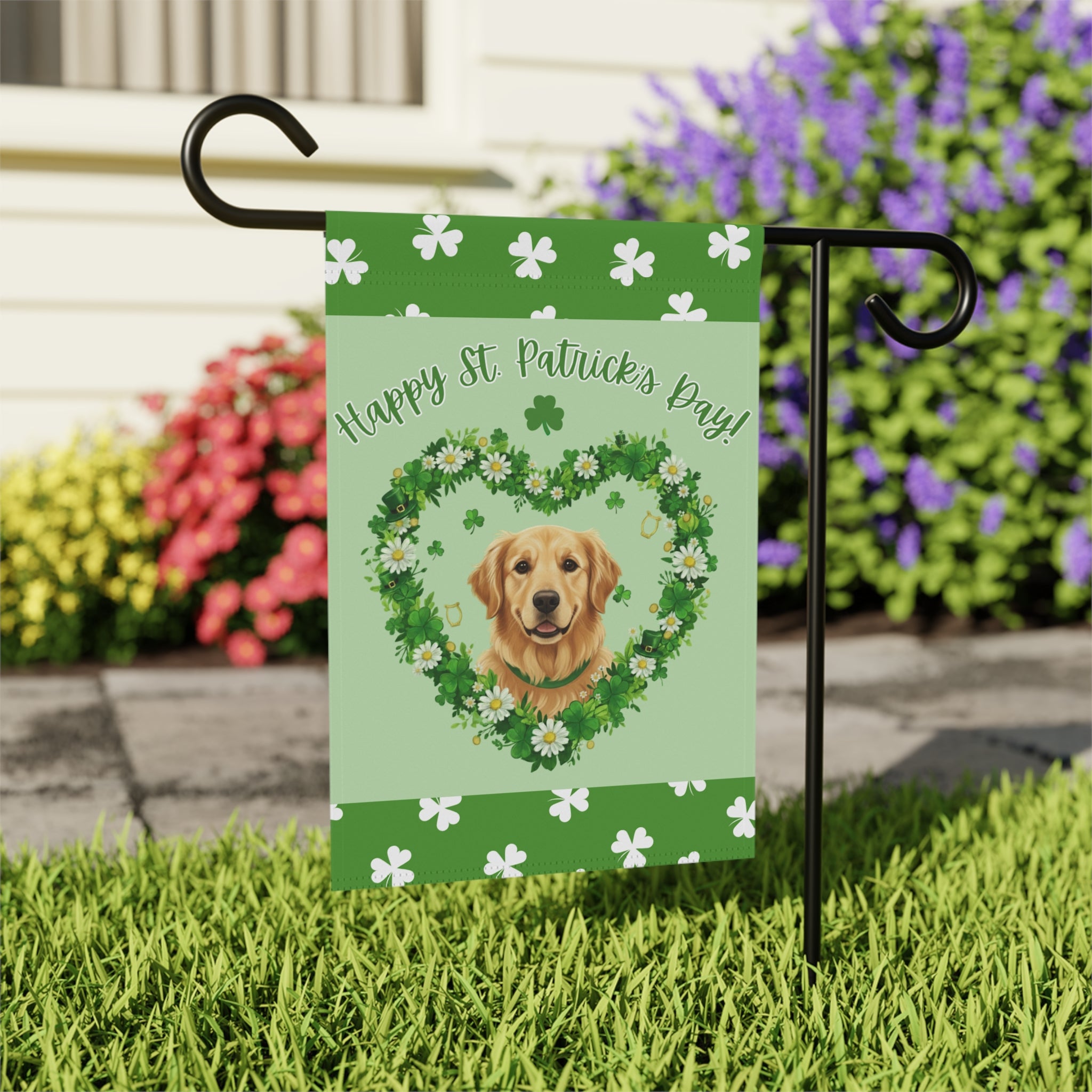 St. Patrick's Day Shamrock Golden Retriever Garden Flag