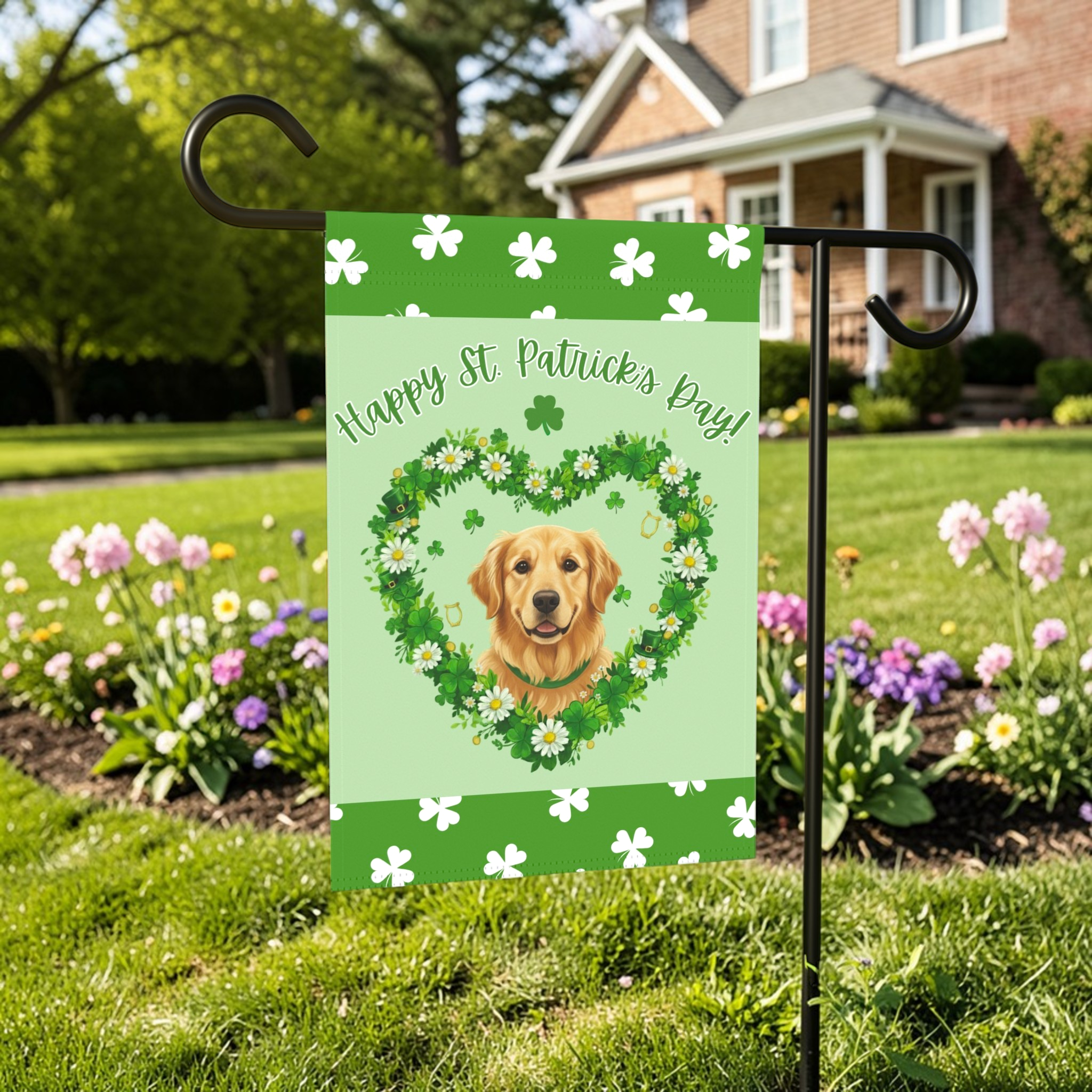 St. Patrick's Day Shamrock Golden Retriever Garden Flag