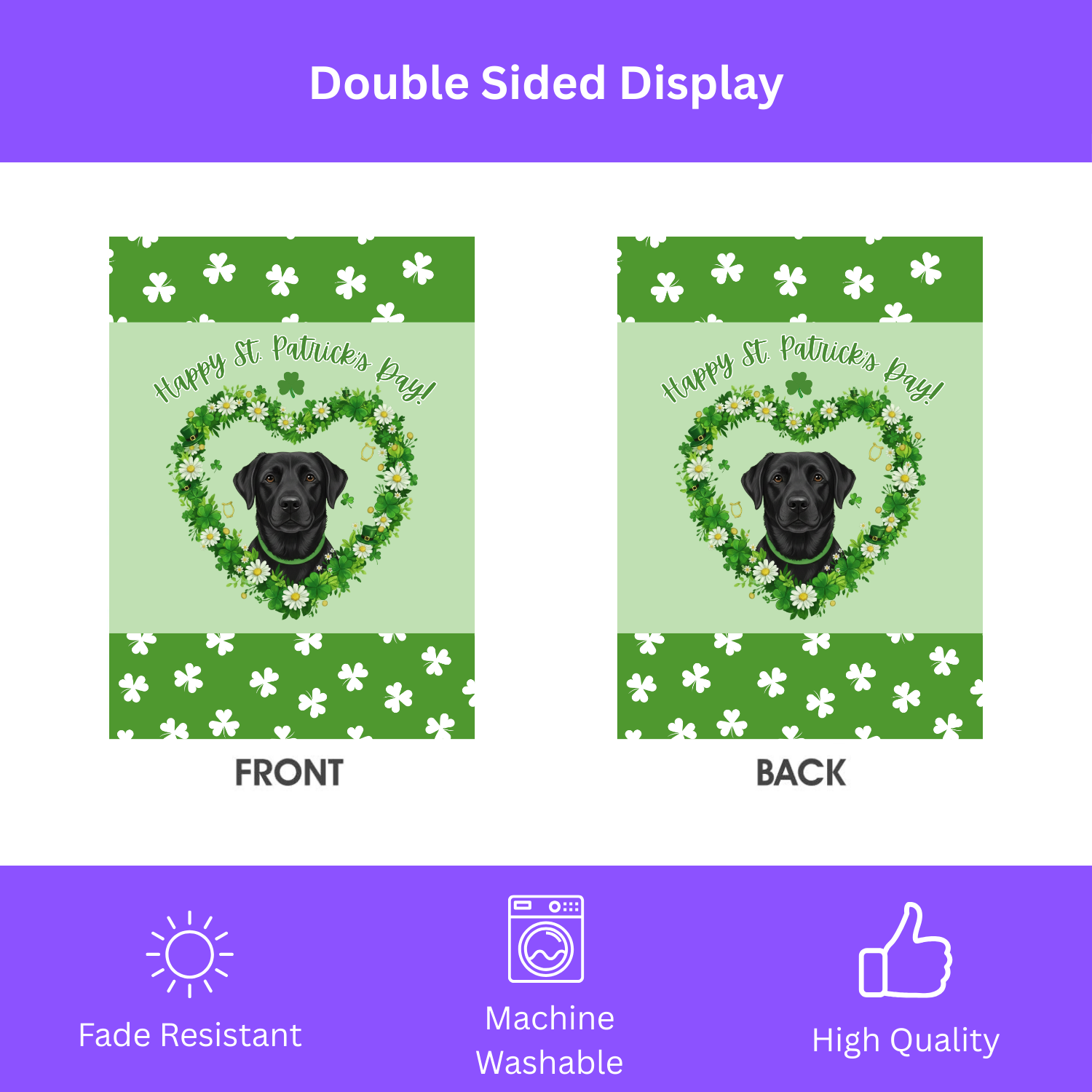 St. Patrick’s Day Shamrock Black Labrador Retriever Garden Flag - double-sided design - Dragonfire Gardens