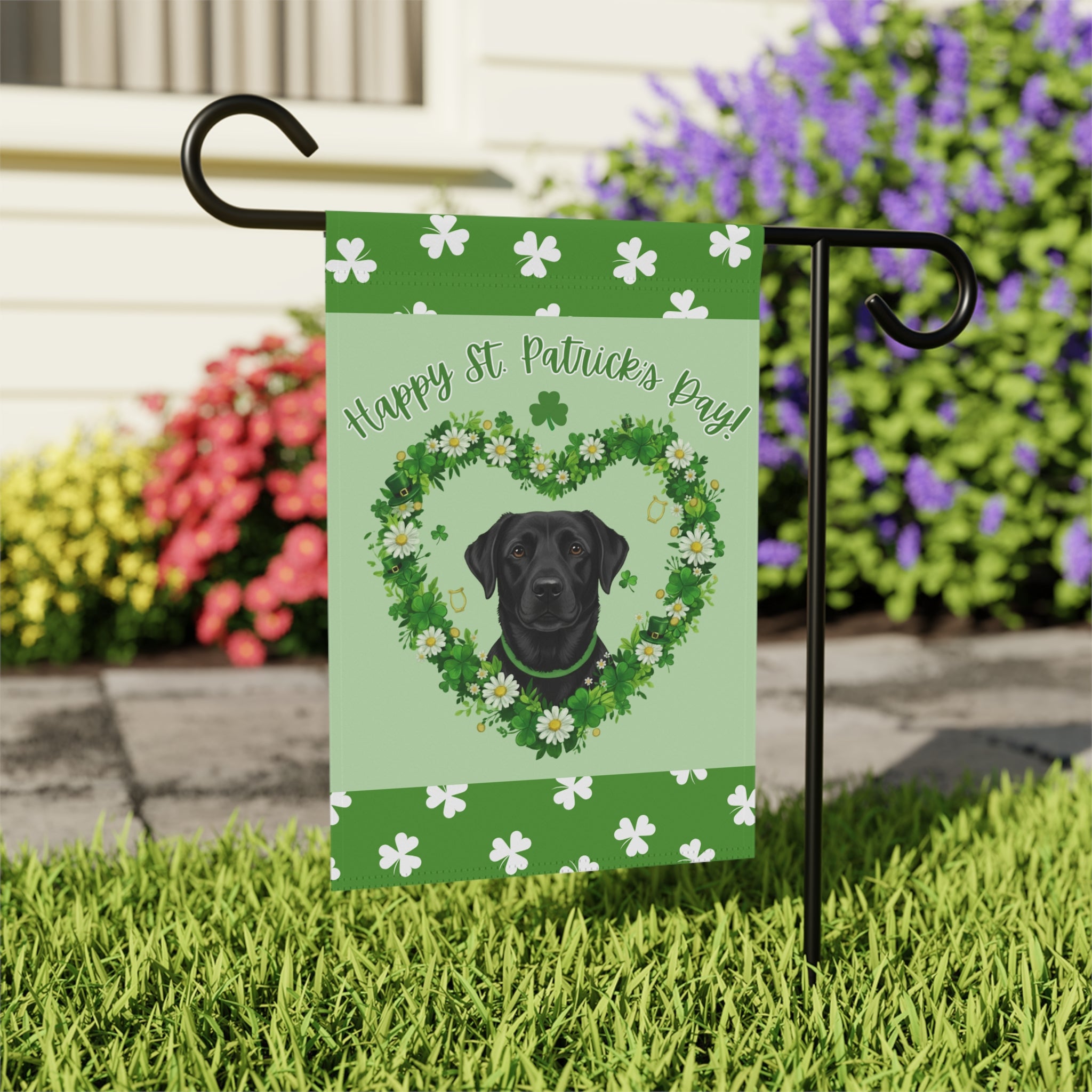 St. Patrick’s Day Shamrock Black Labrador Retriever Garden Flag - outdoor display - Dragonfire Gardens