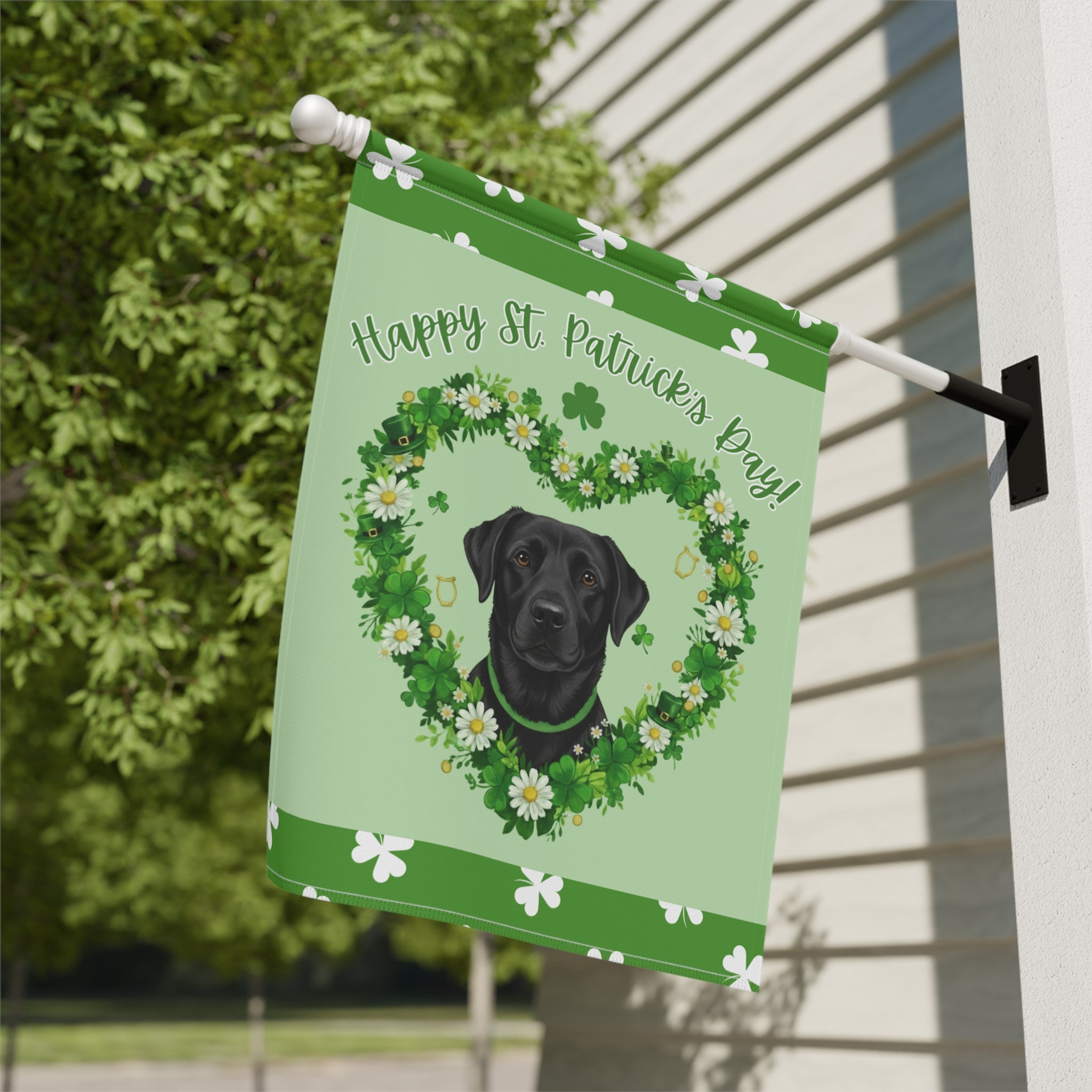 St. Patrick’s Day Shamrock Black Labrador Retriever Garden Flag - close-up detail - Dragonfire Gardens