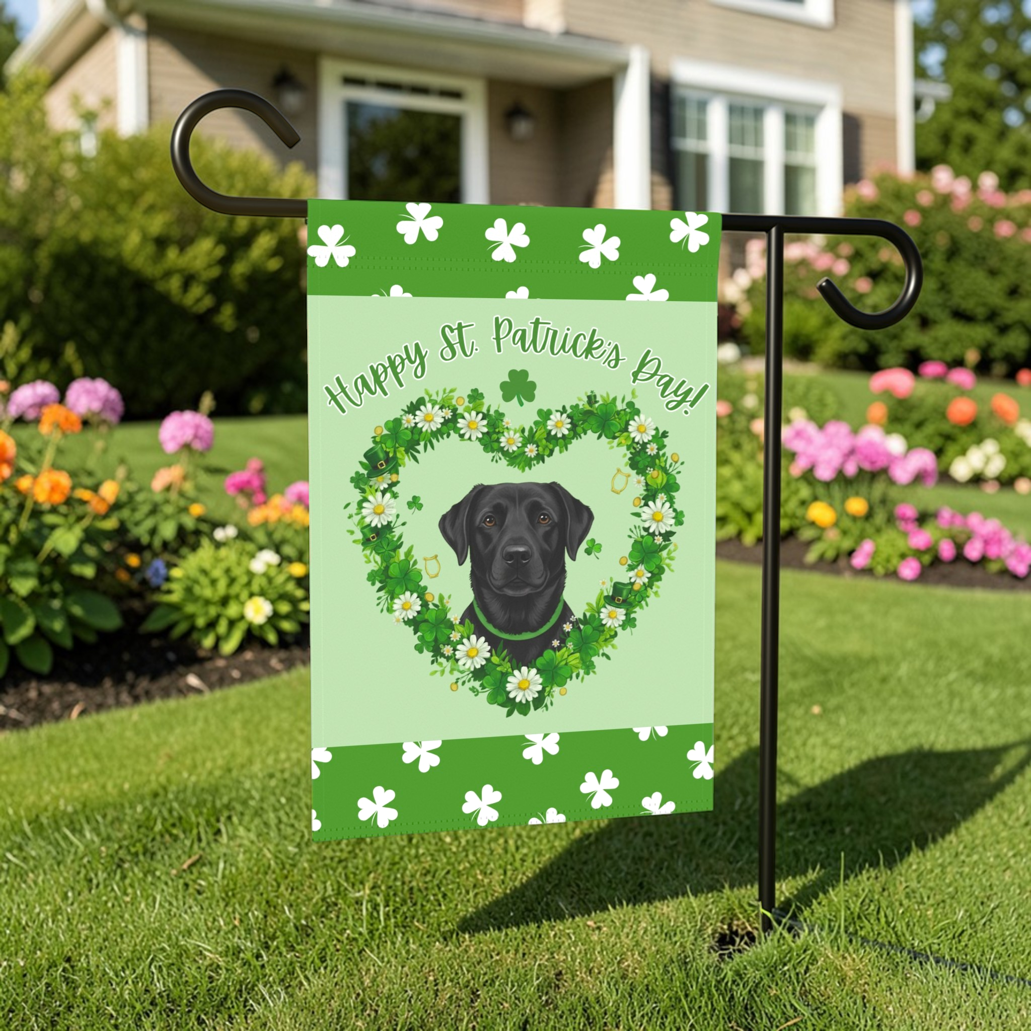 St. Patrick’s Day Shamrock Black Labrador Retriever Garden Flag - front view - Dragonfire Gardens