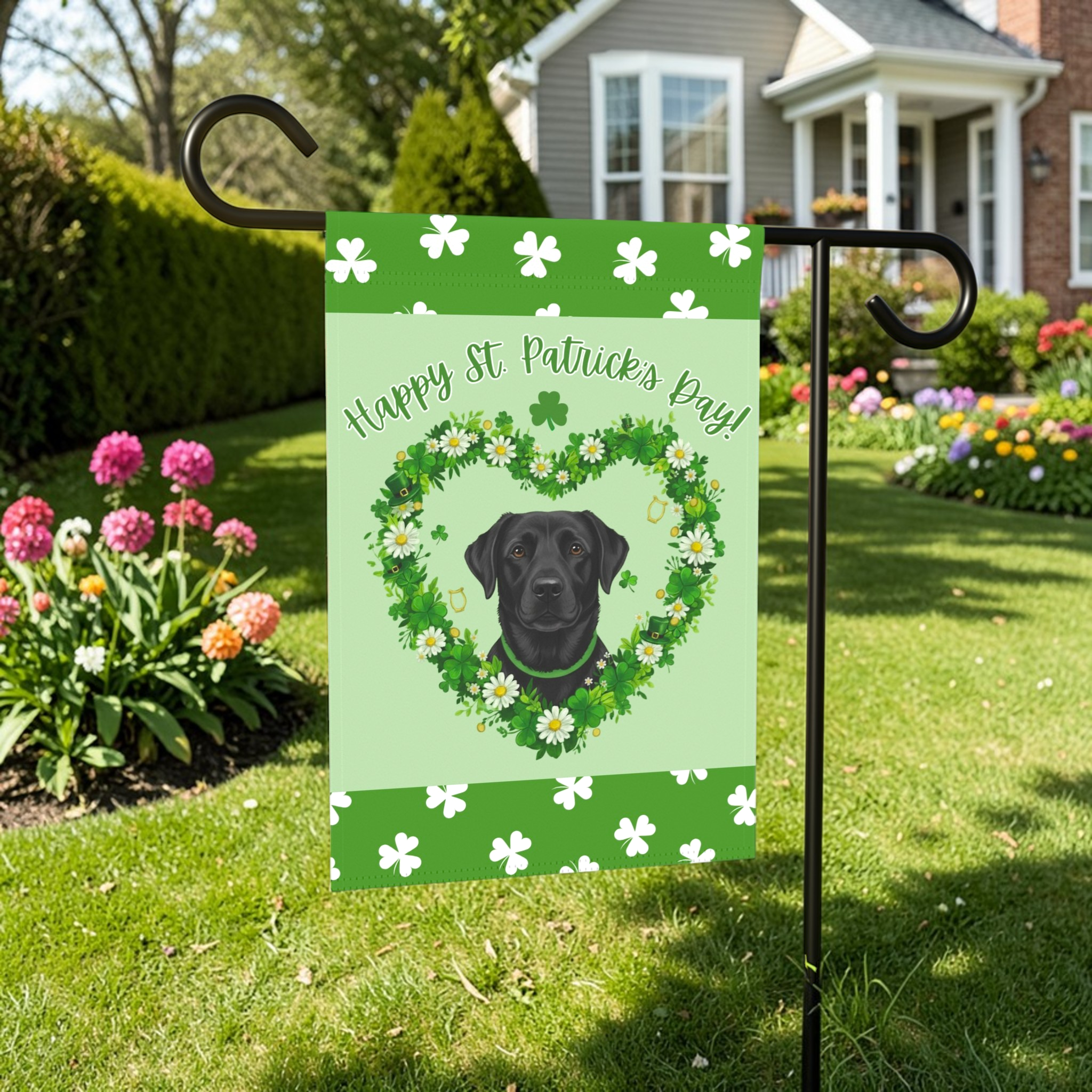 St. Patrick’s Day Shamrock Black Labrador Retriever Garden Flag - size comparison - Dragonfire Gardens
