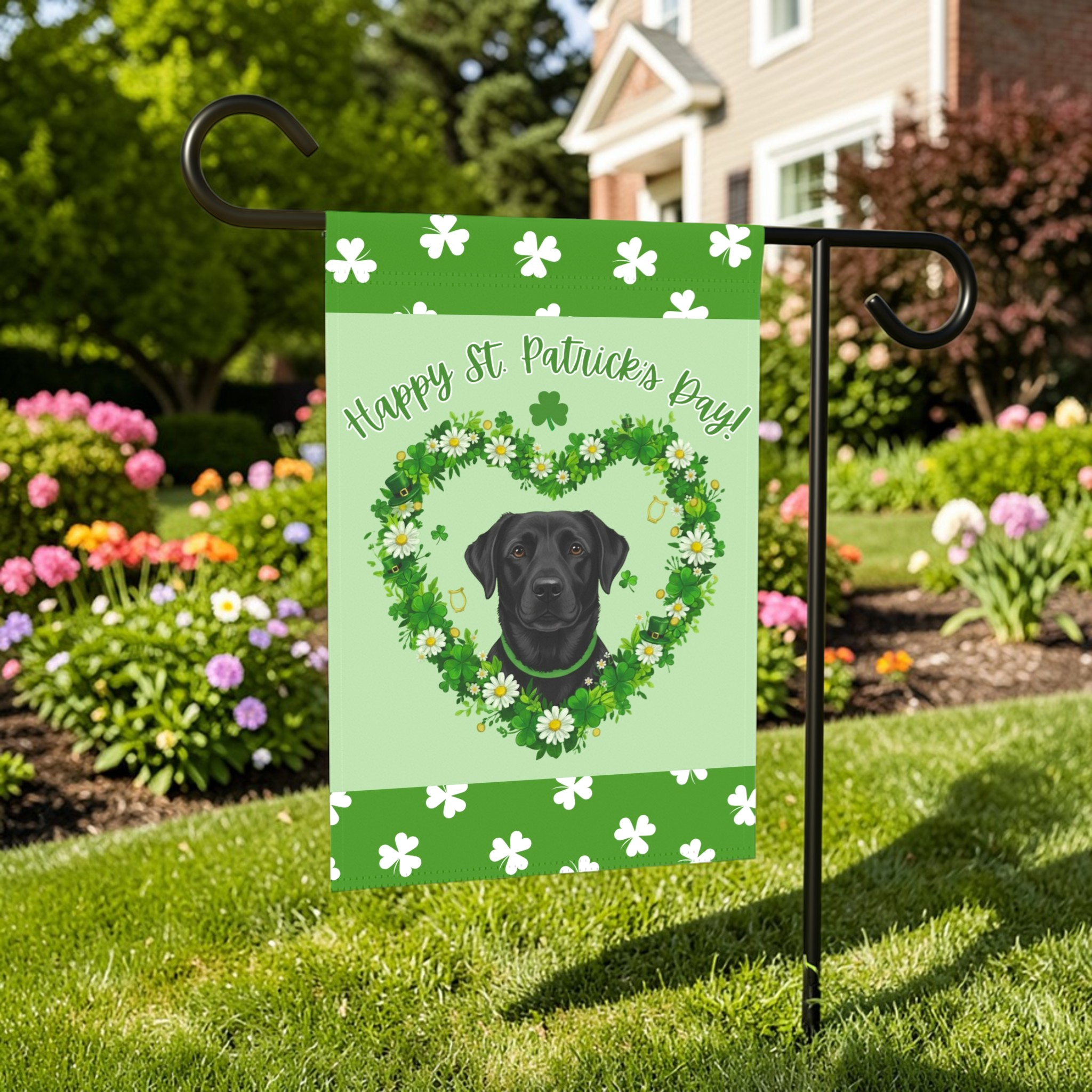 St. Patrick’s Day Shamrock Black Labrador Retriever Garden Flag - lifestyle display - Dragonfire Gardens