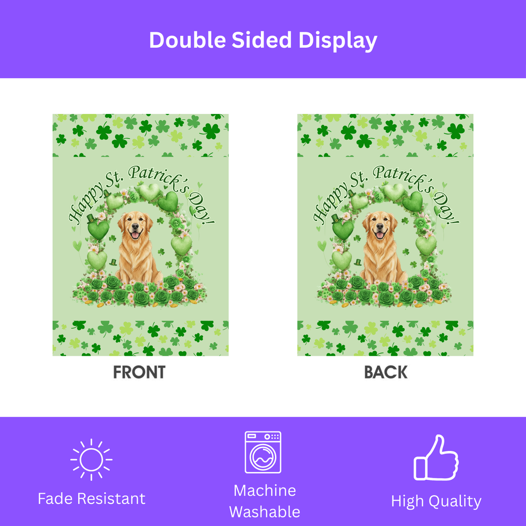 Happy St. Patrick’s Arch Golden Retriever Garden Flag - double-sided design - Dragonfire Gardens