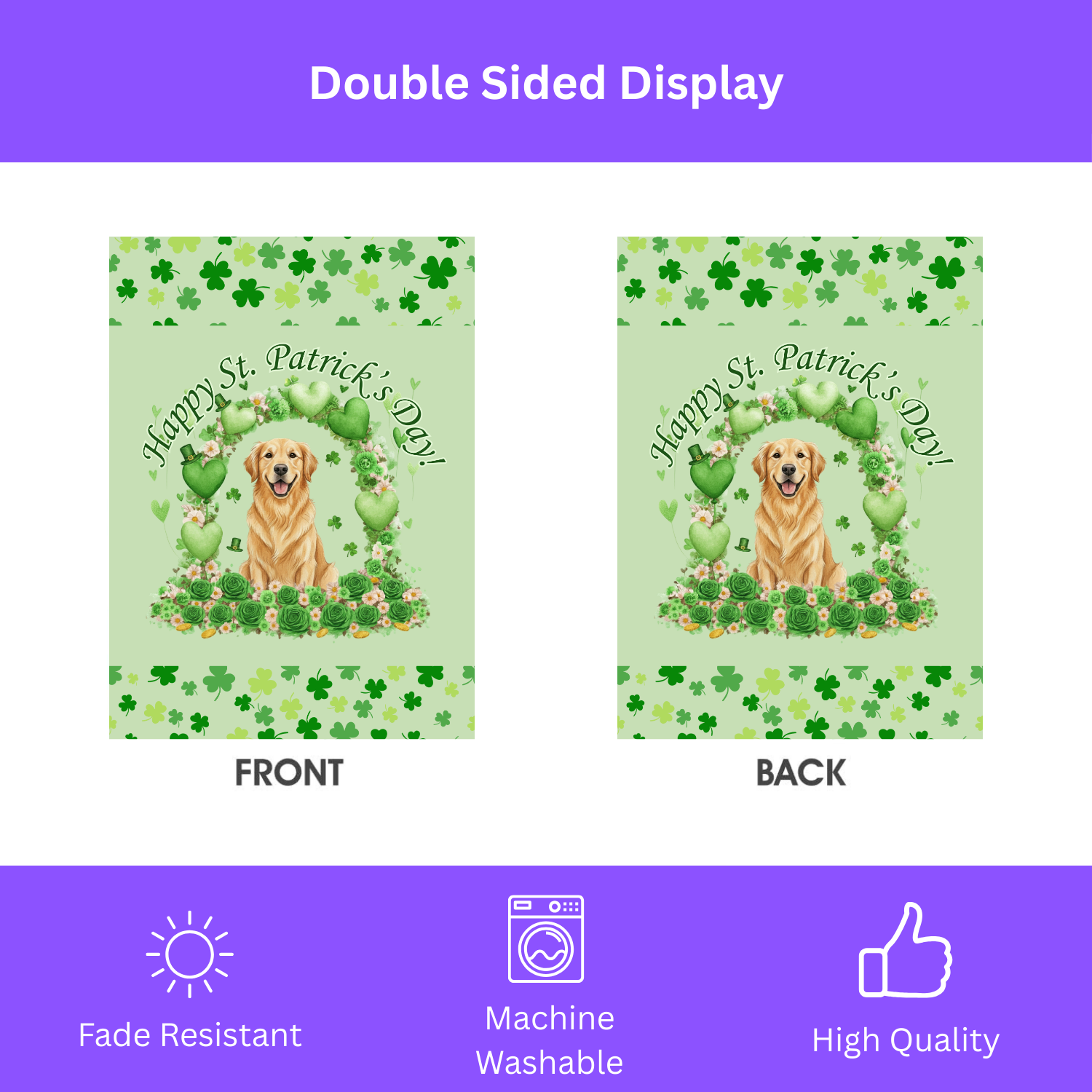 Happy St. Patrick’s Arch Golden Retriever Garden Flag - double-sided design - Dragonfire Gardens