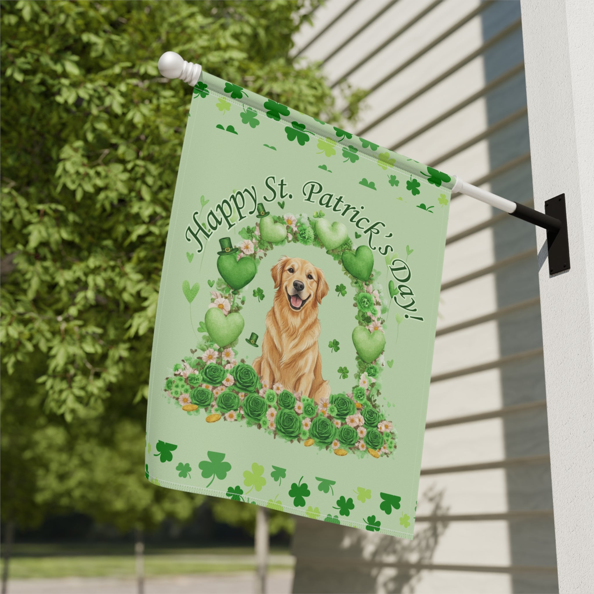 Happy St. Patrick’s Arch Golden Retriever Garden Flag - close-up detail - Dragonfire Gardens