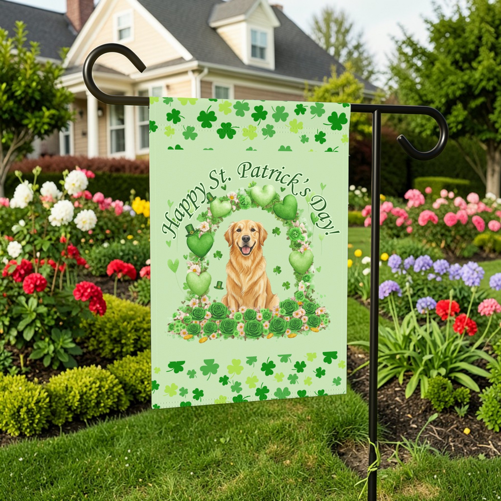 Happy St. Patrick’s Arch Golden Retriever Garden Flag - front view - Dragonfire Gardens