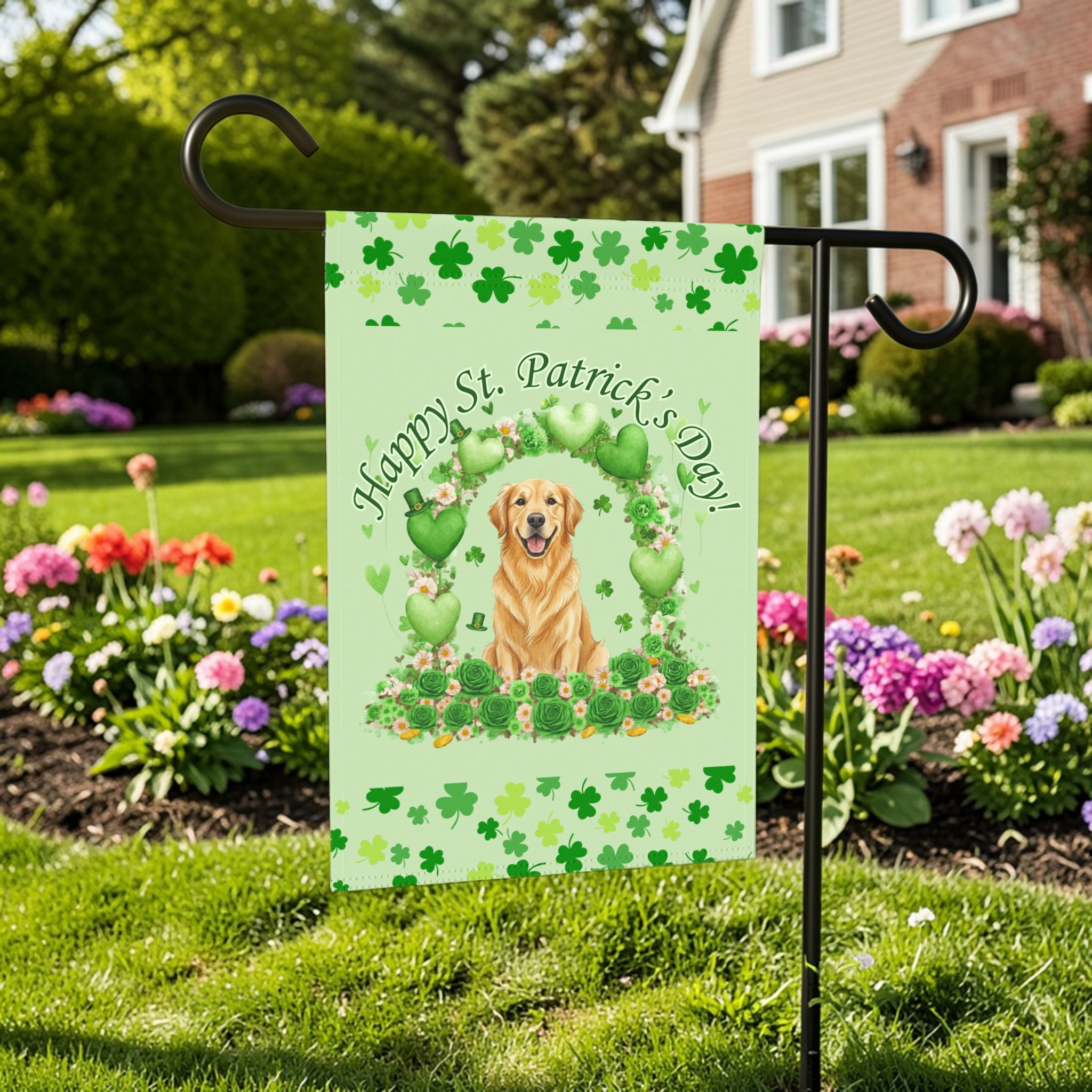 Happy St. Patrick’s Arch Golden Retriever Garden Flag - lifestyle display - Dragonfire Gardens