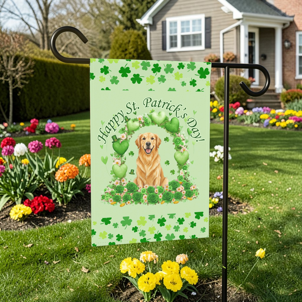 Happy St. Patrick’s Arch Golden Retriever Garden Flag - size comparison - Dragonfire Gardens