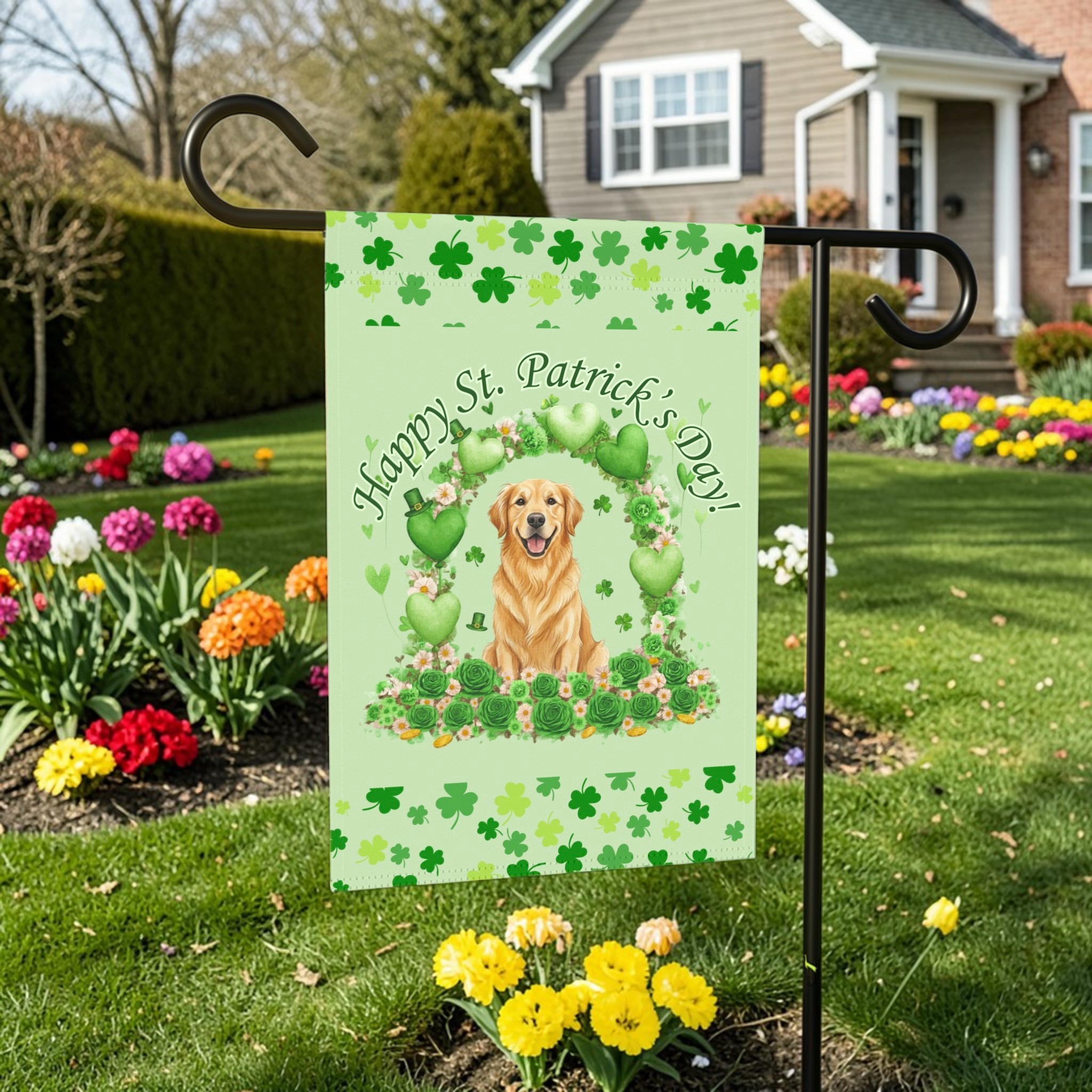 Happy St. Patrick’s Arch Golden Retriever Garden Flag - size comparison - Dragonfire Gardens