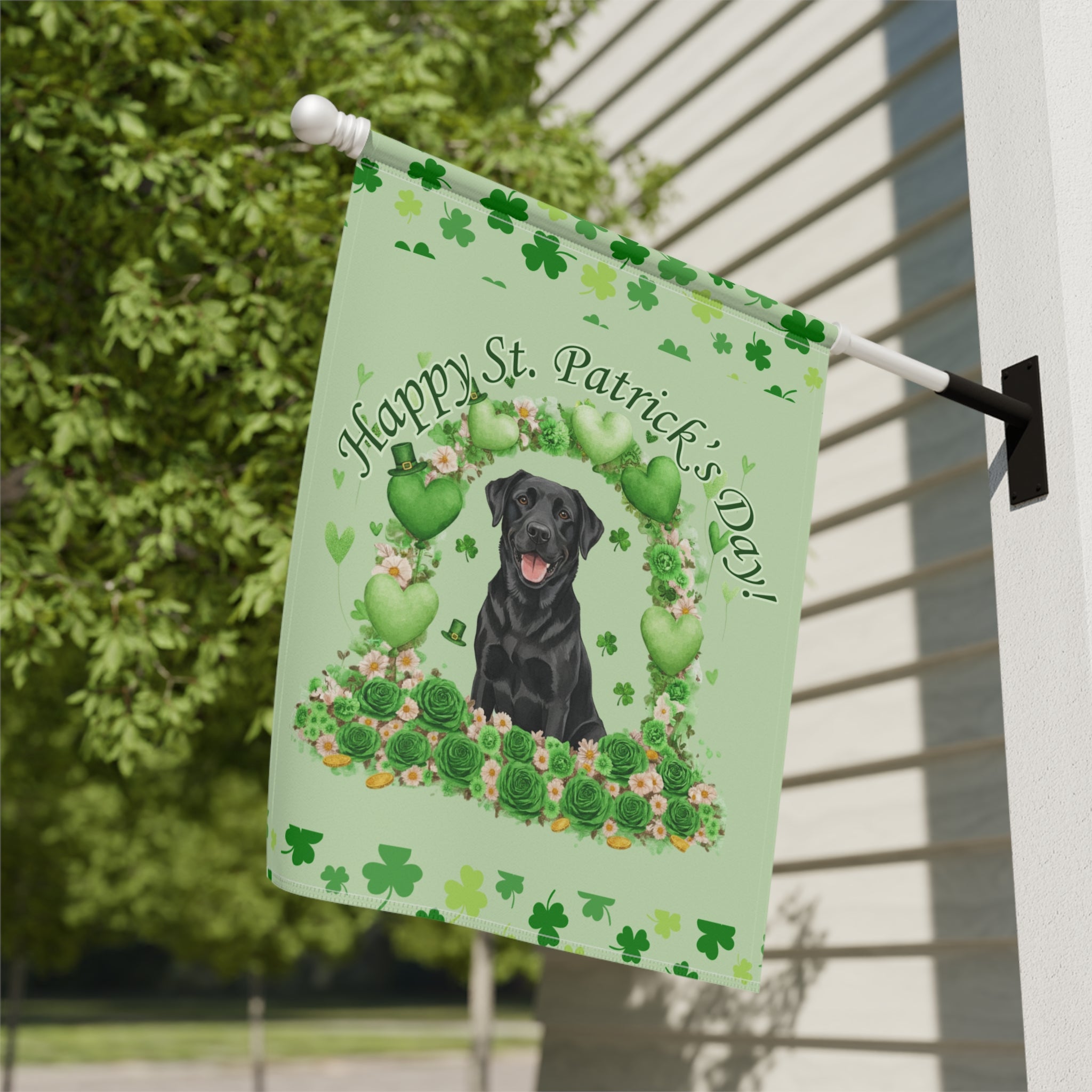 Happy St. Patrick's Day Arch Black Labrador Retriever Garden Flag - close-up detail - Dragonfire Gardens
