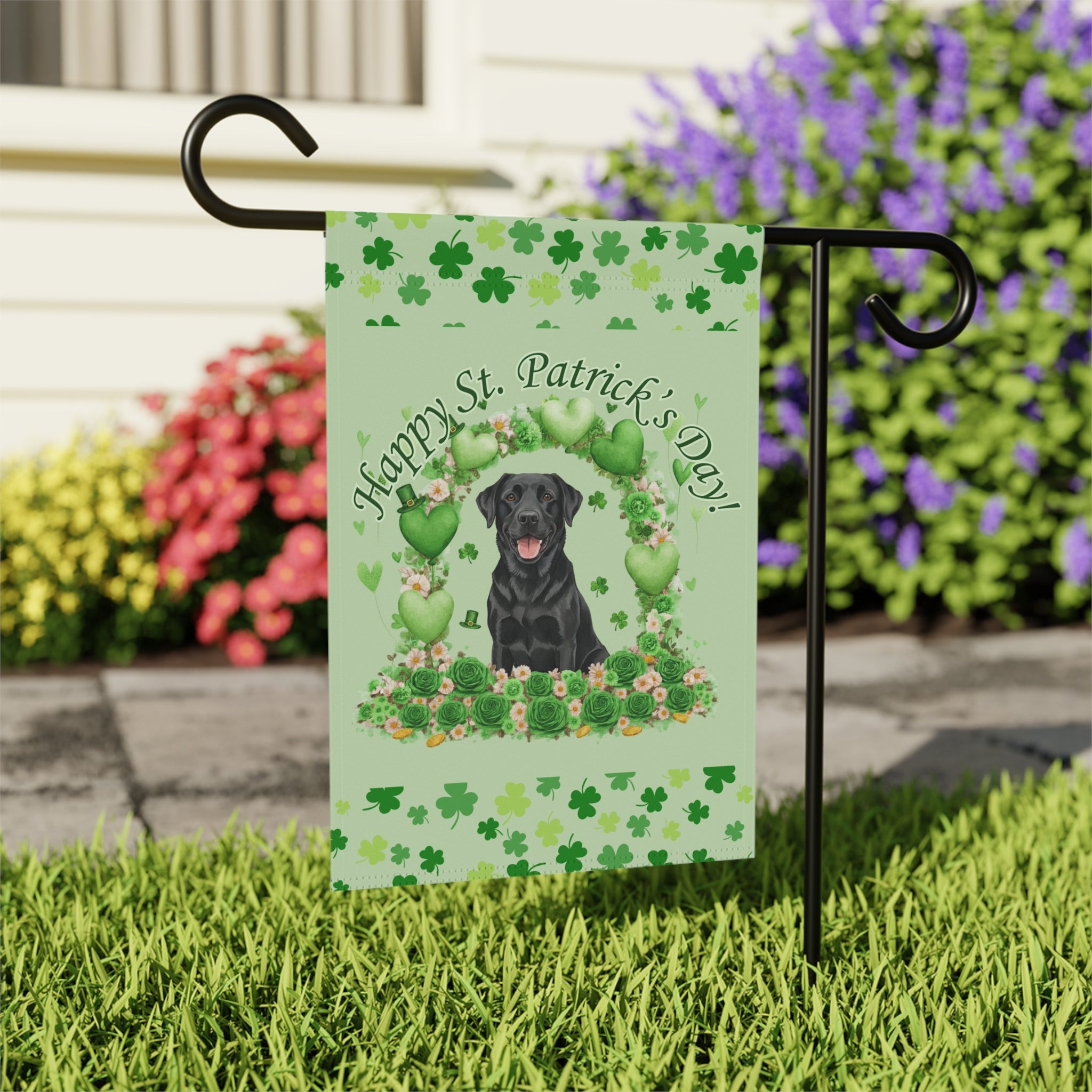 Happy St. Patrick's Day Arch Black Labrador Retriever Garden Flag - outdoor display - Dragonfire Gardens