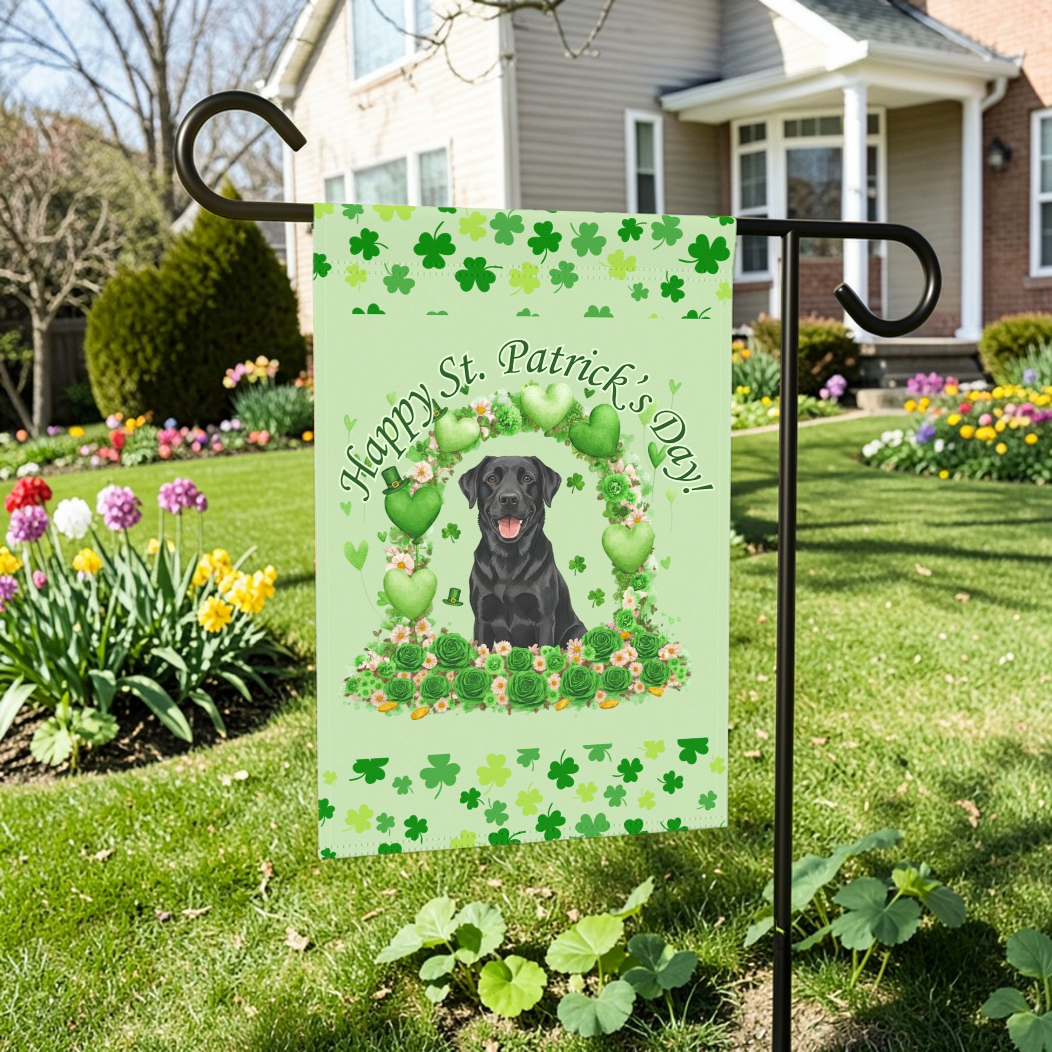 Happy St. Patrick's Day Arch Black Labrador Retriever Garden Flag - front view - Dragonfire Gardens