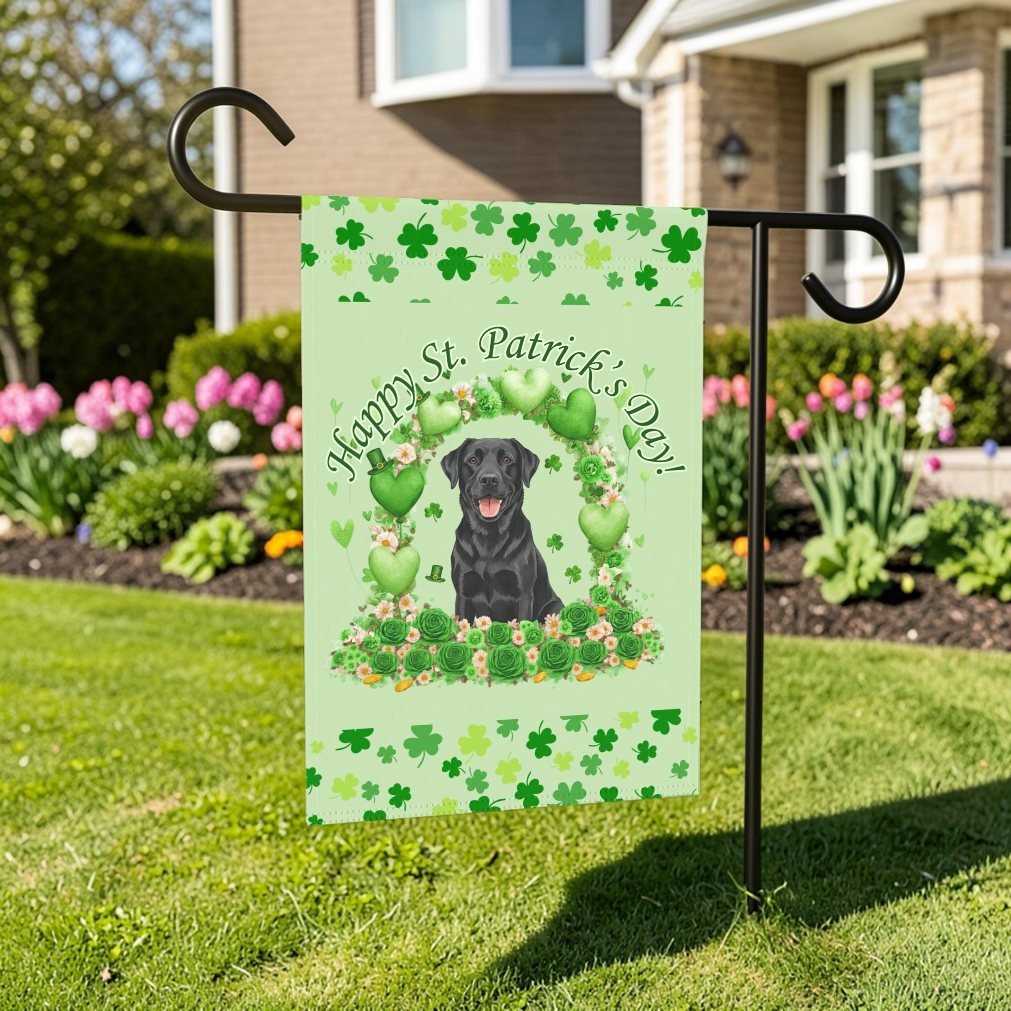 Happy St. Patrick's Day Arch Black Labrador Retriever Garden Flag - size comparison - Dragonfire Gardens