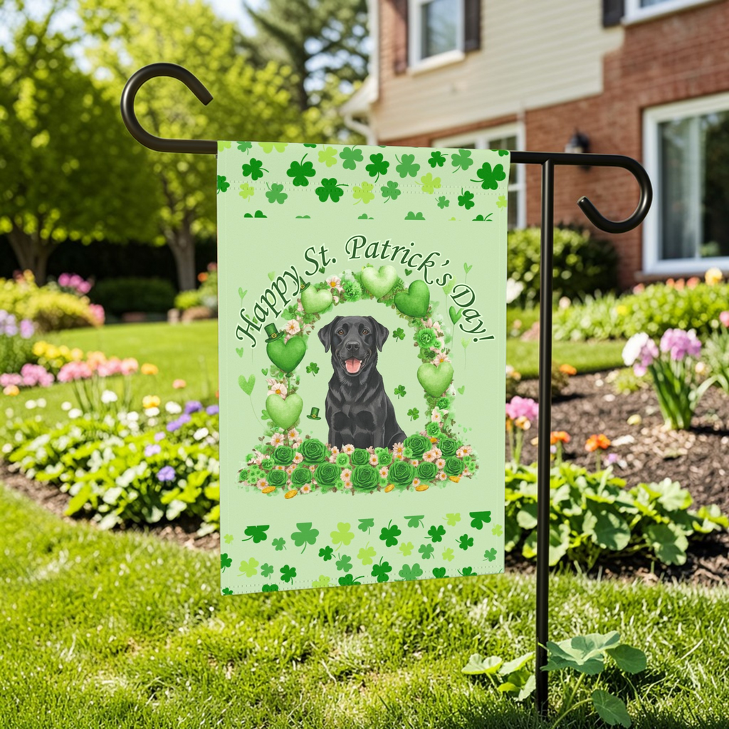 Happy St. Patrick's Day Arch Black Labrador Retriever Garden Flag - lifestyle display - Dragonfire Gardens