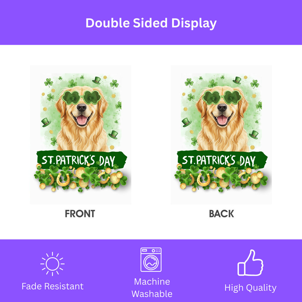 St. Patrick Clover Glasses Golden Retriever Garden Flag - yard display - Dragonfire Gardens