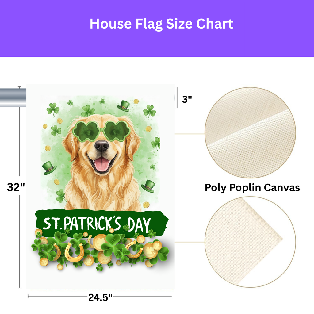St. Patrick Clover Glasses Golden Retriever Garden Flag - double-sided design - Dragonfire Gardens