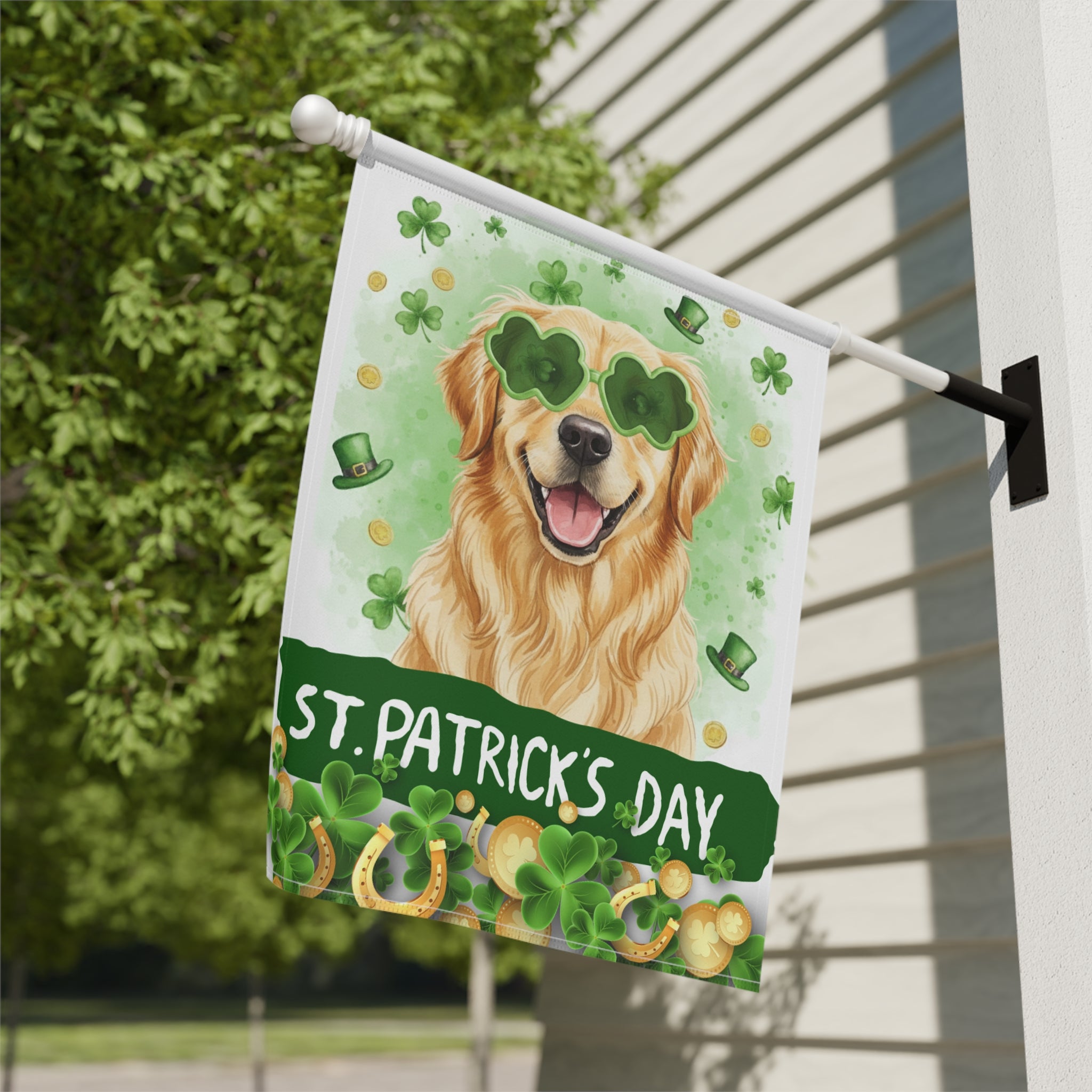 St. Patrick Clover Glasses Golden Retriever Garden Flag - close-up detail - Dragonfire Gardens