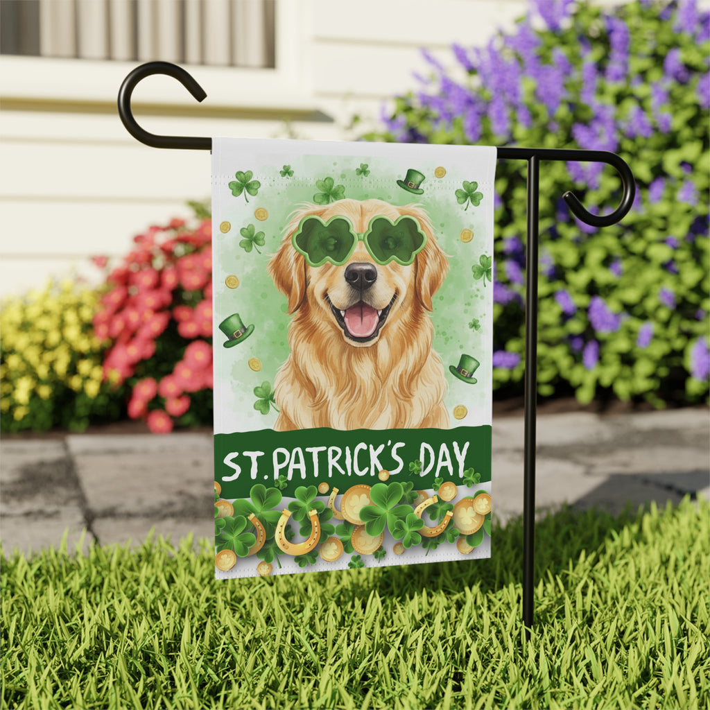 St. Patrick Clover Glasses Golden Retriever Garden Flag - outdoor display - Dragonfire Gardens