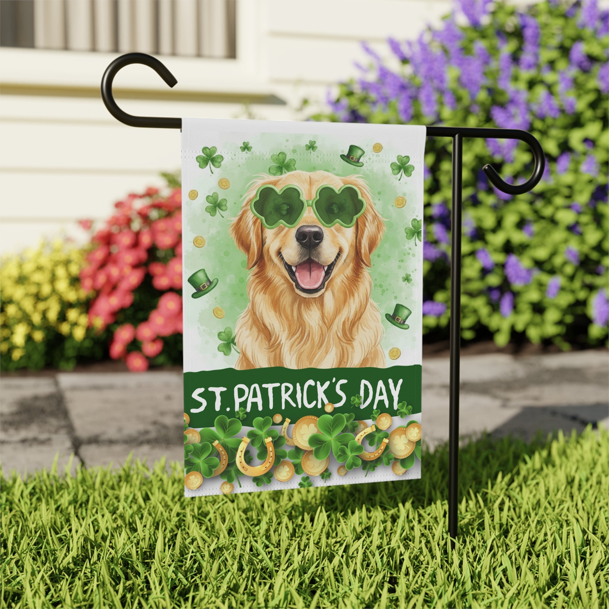 St. Patrick Clover Glasses Golden Retriever Garden Flag - outdoor display - Dragonfire Gardens
