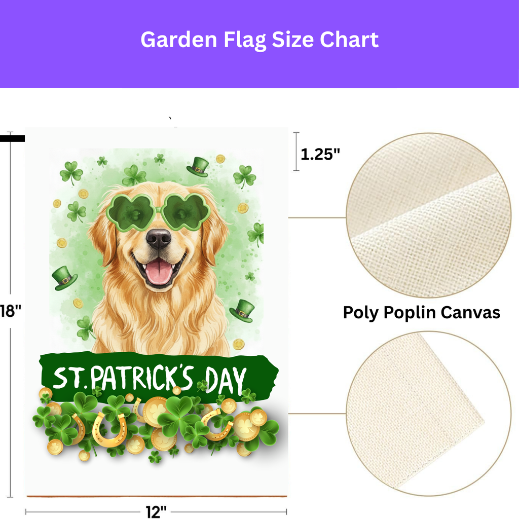 St. Patrick Clover Glasses Golden Retriever Garden Flag - porch decor - Dragonfire Gardens