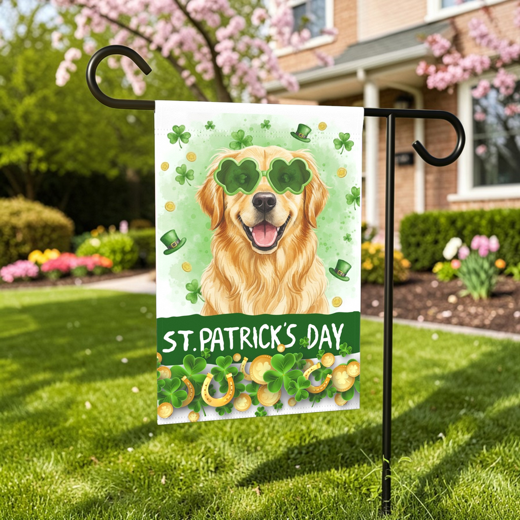 St. Patrick Clover Glasses Golden Retriever Garden Flag - size comparison - Dragonfire Gardens