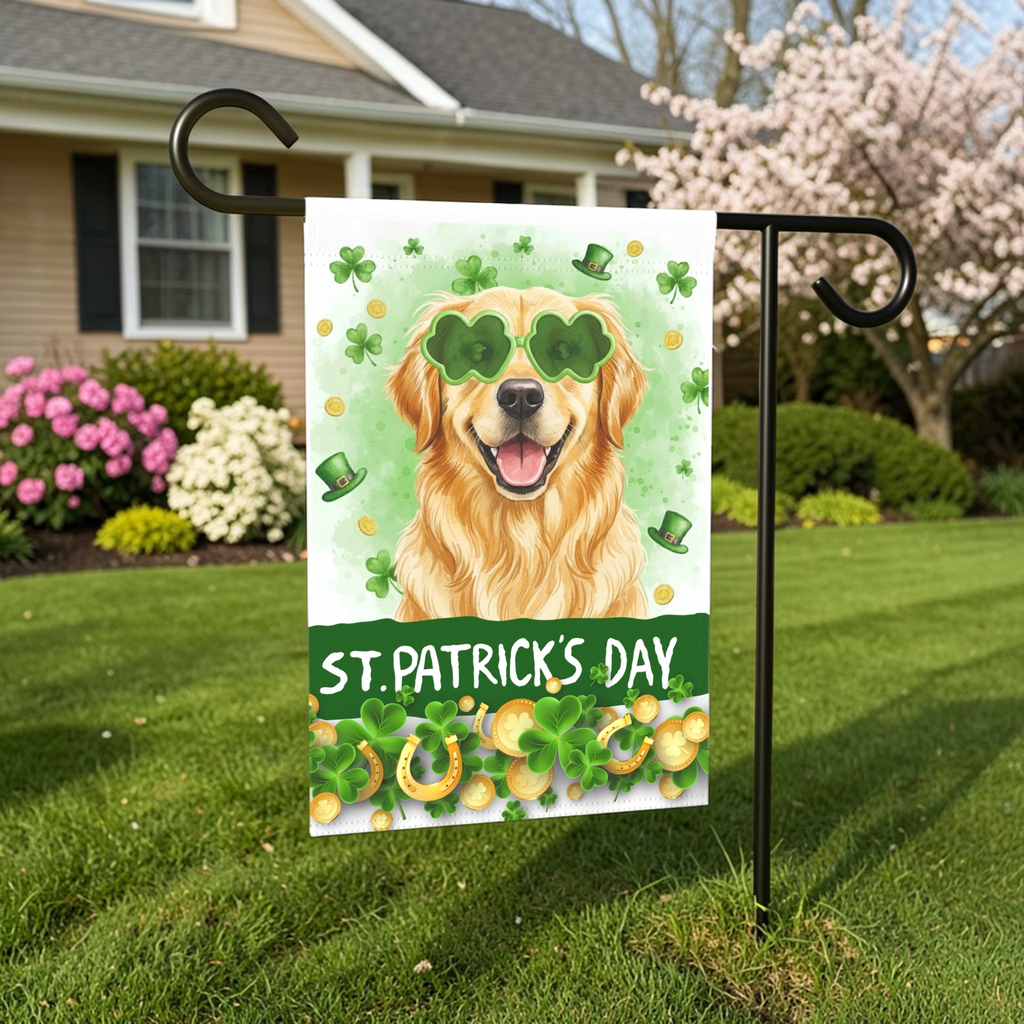 St. Patrick Clover Glasses Golden Retriever Garden Flag - lifestyle display - Dragonfire Gardens