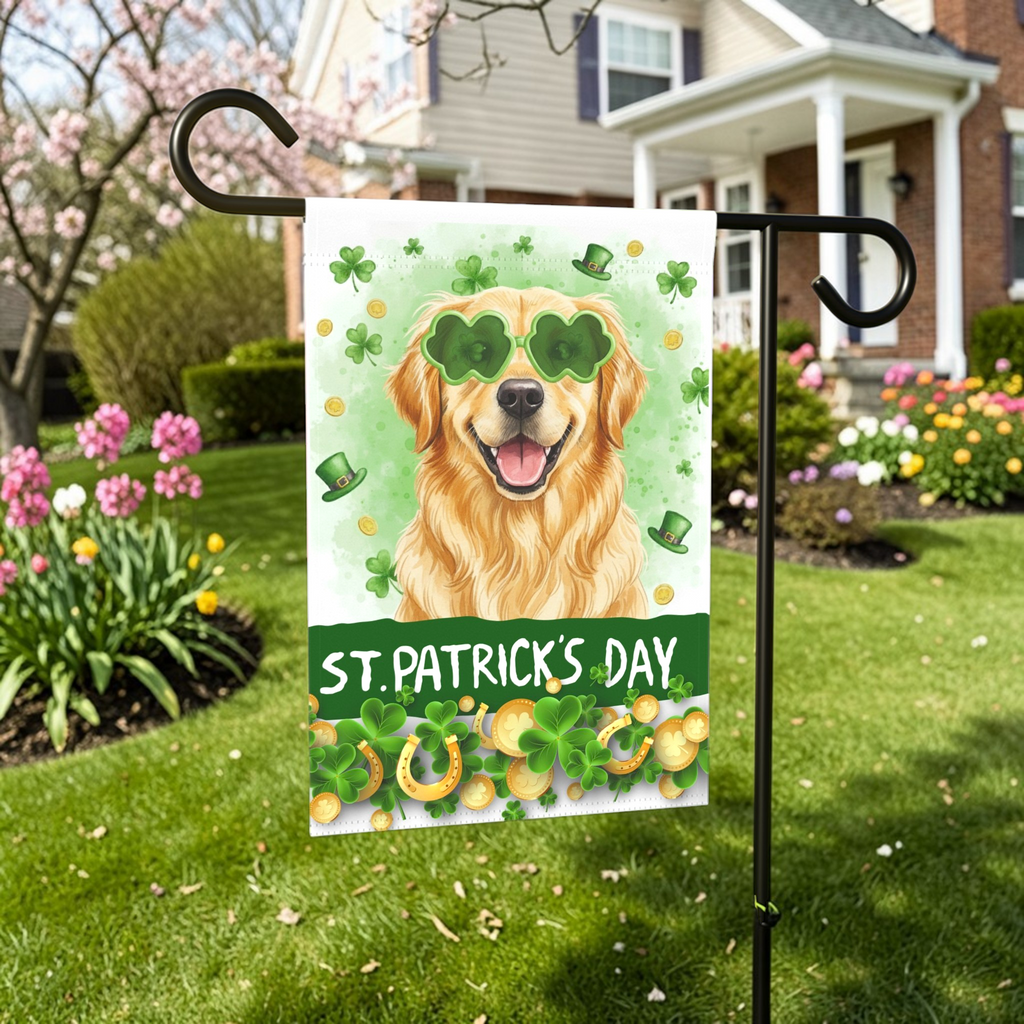 St. Patrick Clover Glasses Golden Retriever Garden Flag - front view - Dragonfire Gardens