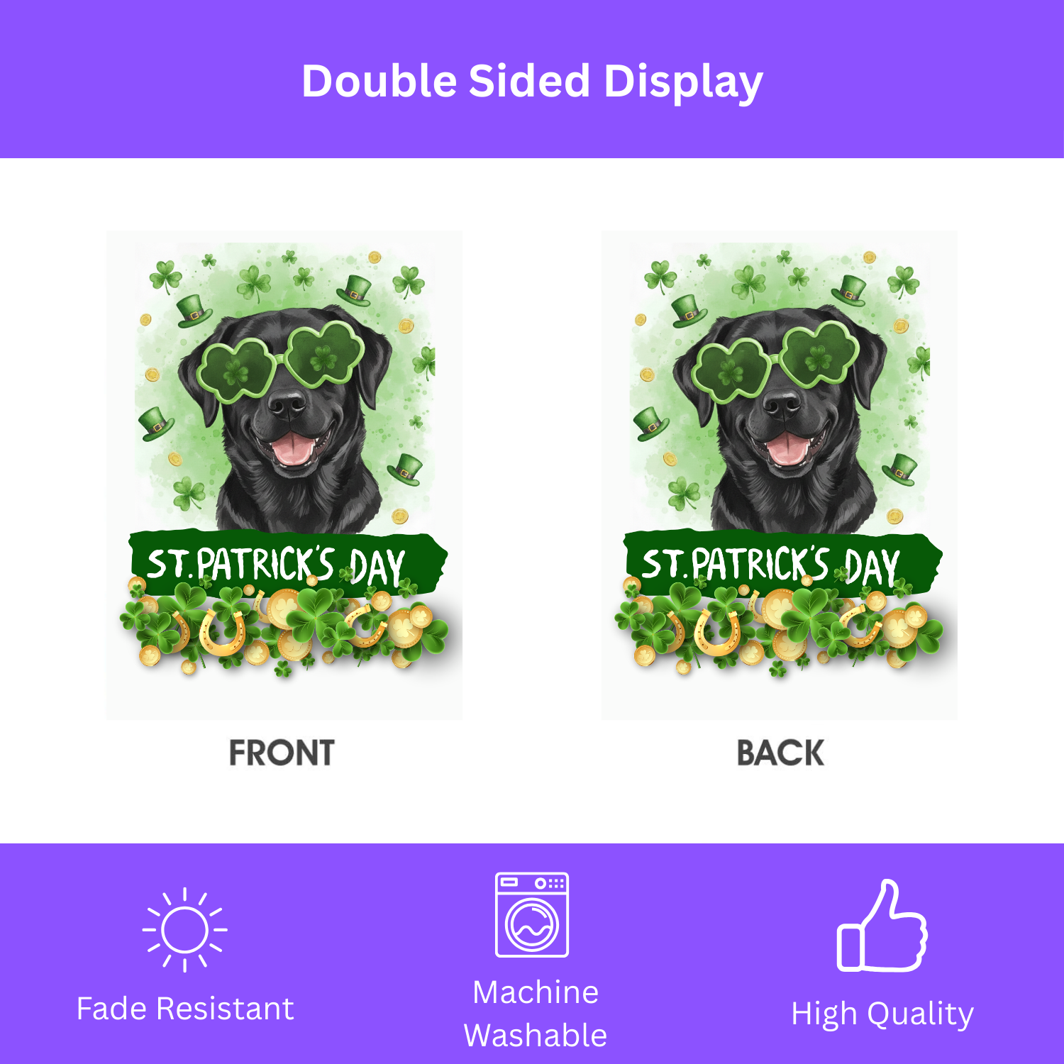 St. Patrick’s Clover Glasses Black Labrador Retriever Garden Flag - double-sided design - Dragonfire Gardens