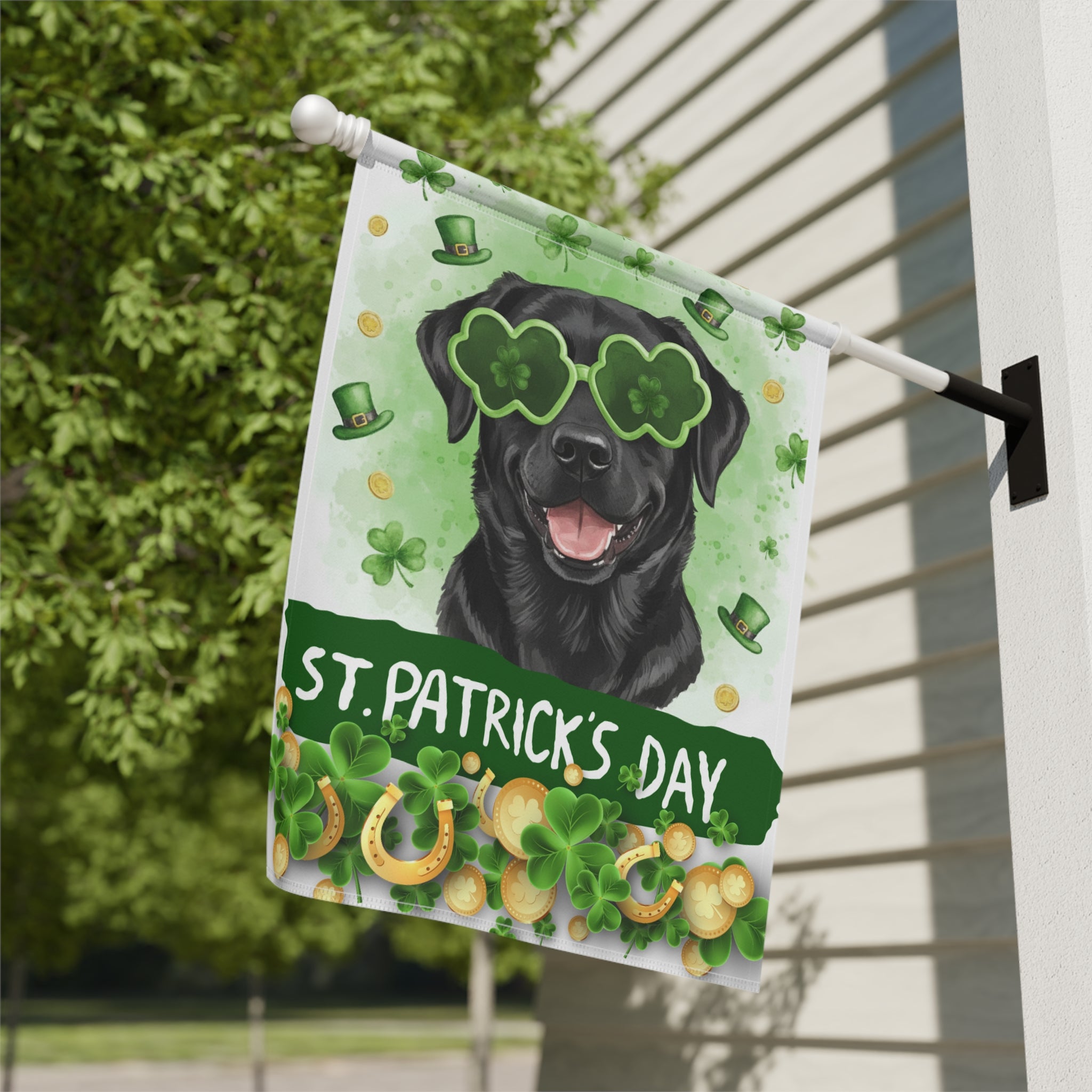 St. Patrick’s Clover Glasses Black Labrador Retriever Garden Flag - close-up detail - Dragonfire Gardens