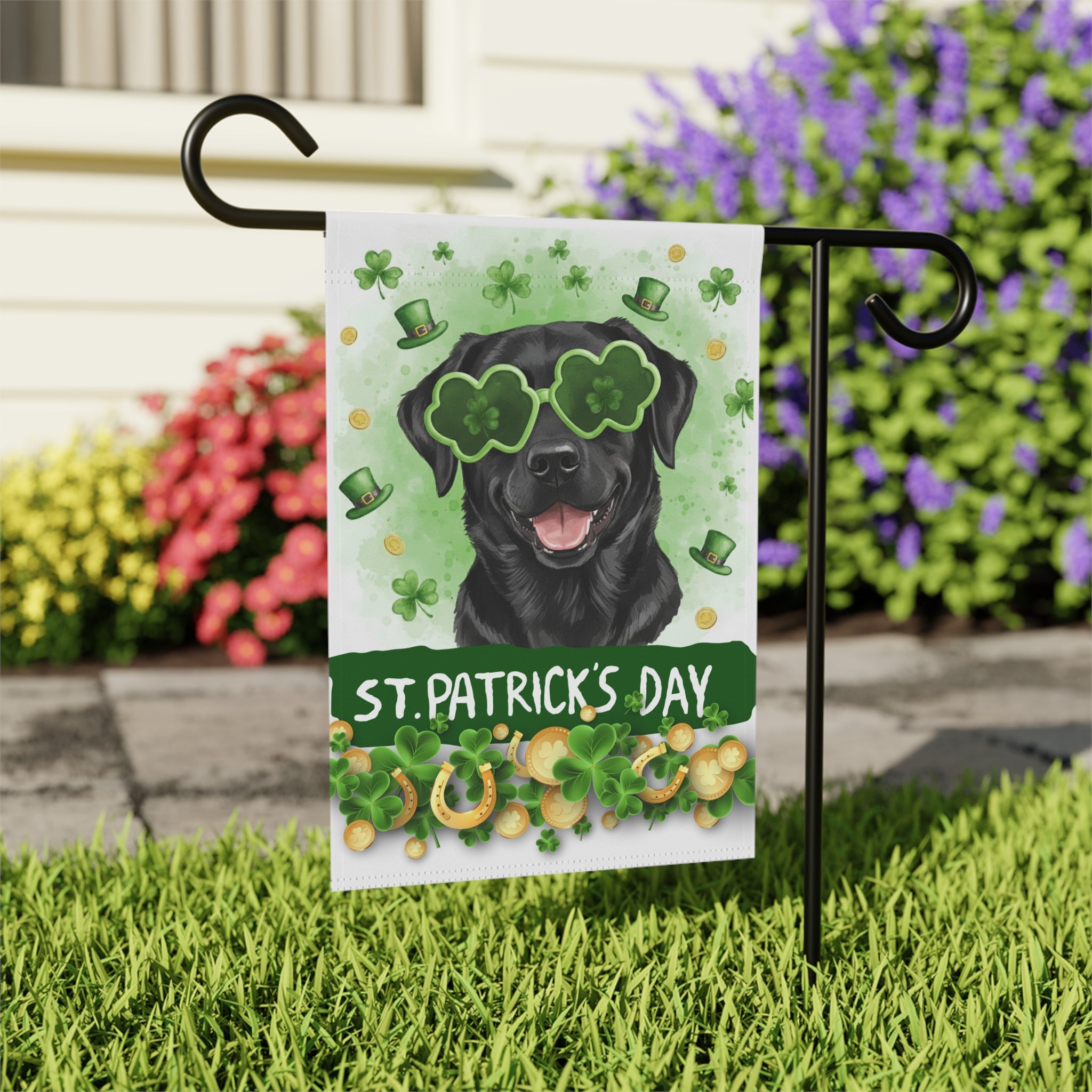 St. Patrick’s Clover Glasses Black Labrador Retriever Garden Flag - outdoor display - Dragonfire Gardens