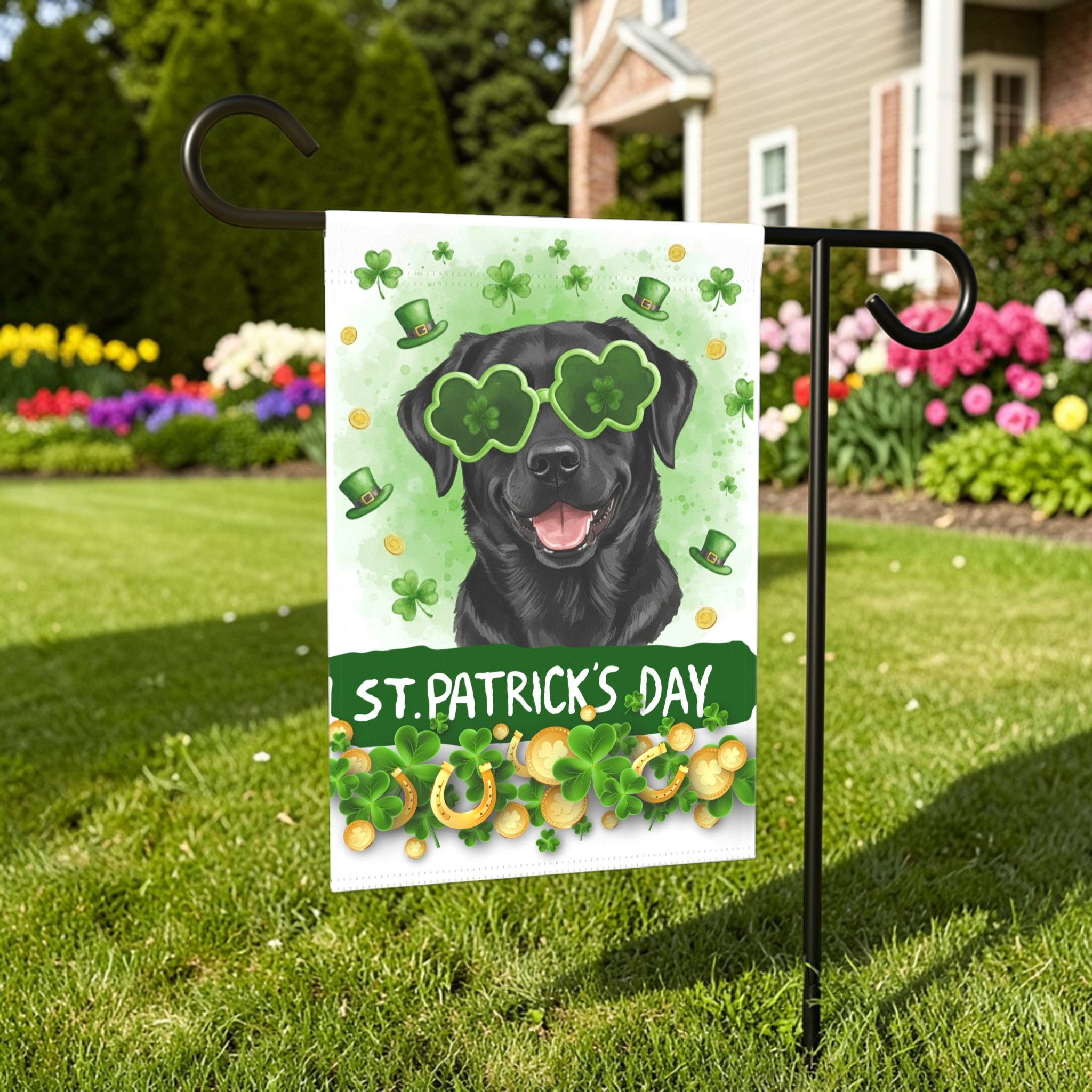 St. Patrick’s Clover Glasses Black Labrador Retriever Garden Flag - size comparison - Dragonfire Gardens