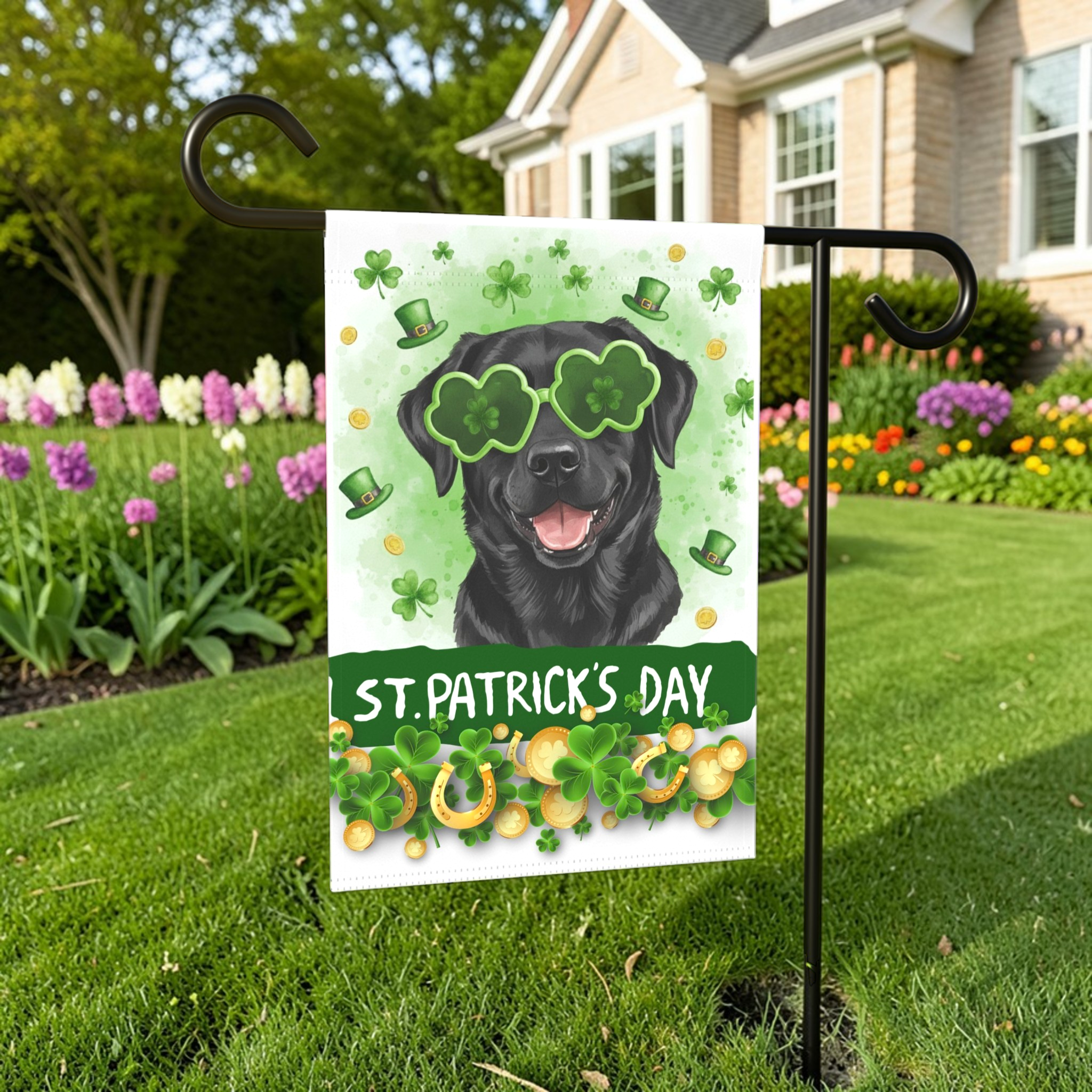 St. Patrick’s Clover Glasses Black Labrador Retriever Garden Flag - front view - Dragonfire Gardens