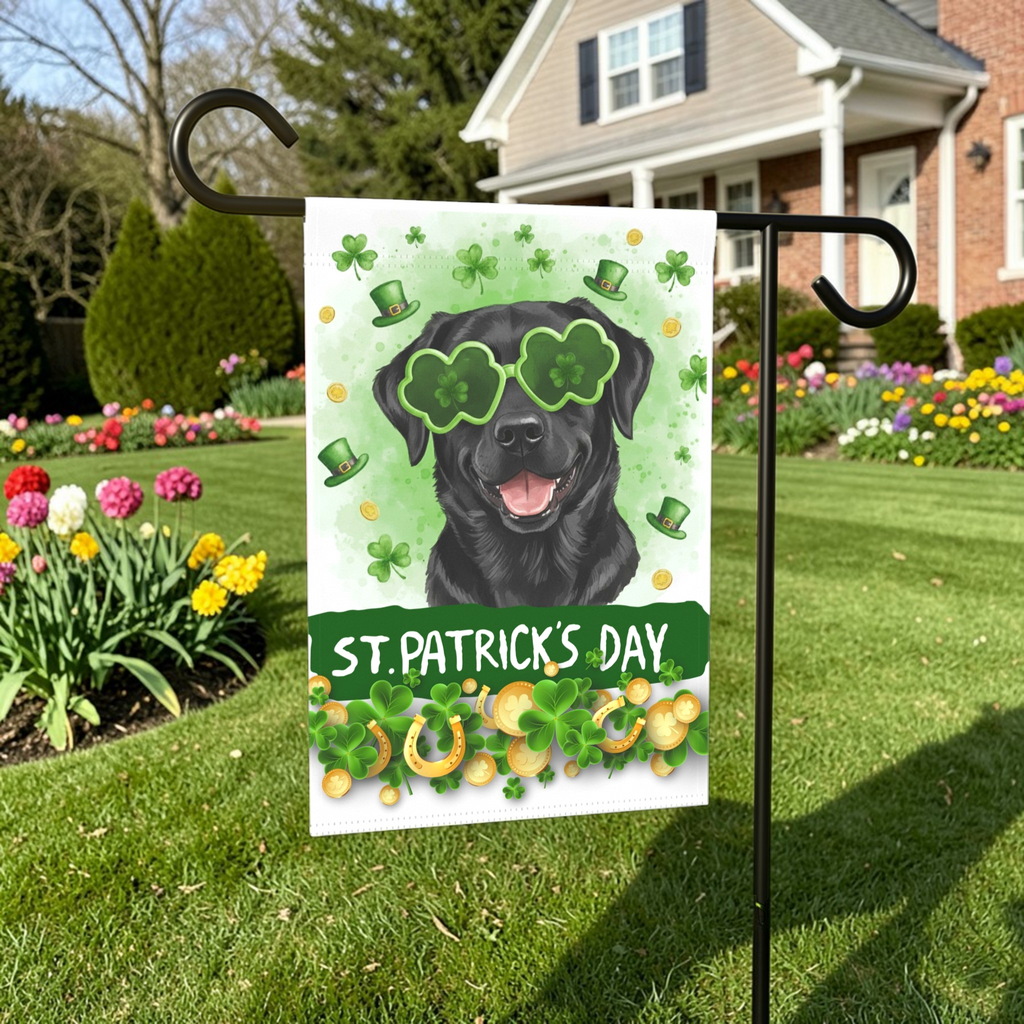 St. Patrick’s Clover Glasses Black Labrador Retriever Garden Flag - lifestyle display - Dragonfire Gardens