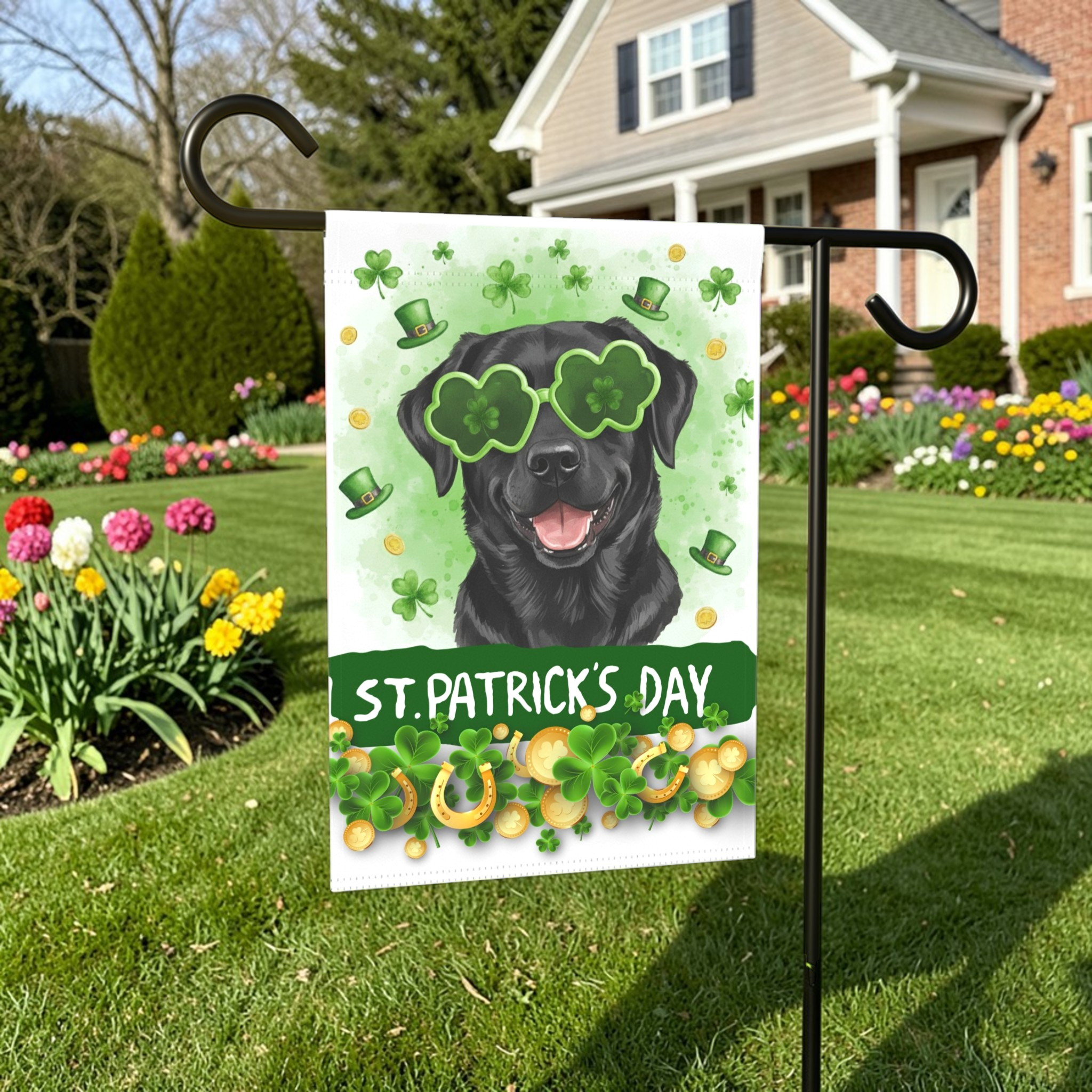 St. Patrick’s Clover Glasses Black Labrador Retriever Garden Flag - lifestyle display - Dragonfire Gardens