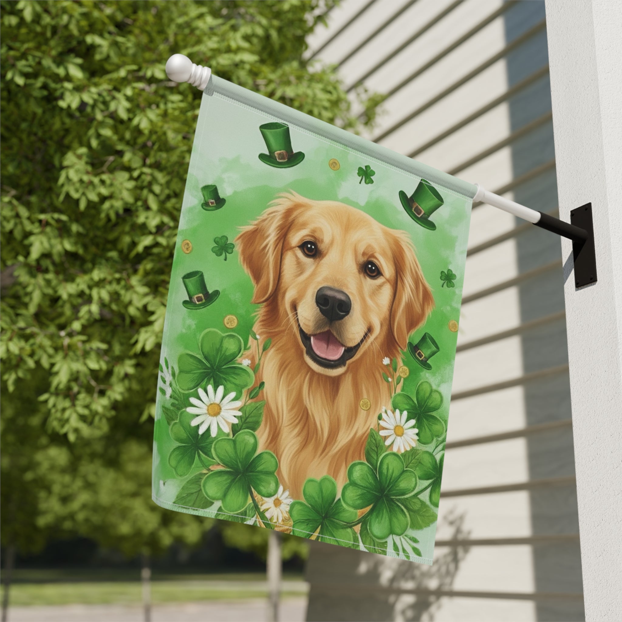 Shamrock and Golden Retriever St. Patrick's Day Garden Flag - close-up detail - Dragonfire Gardens