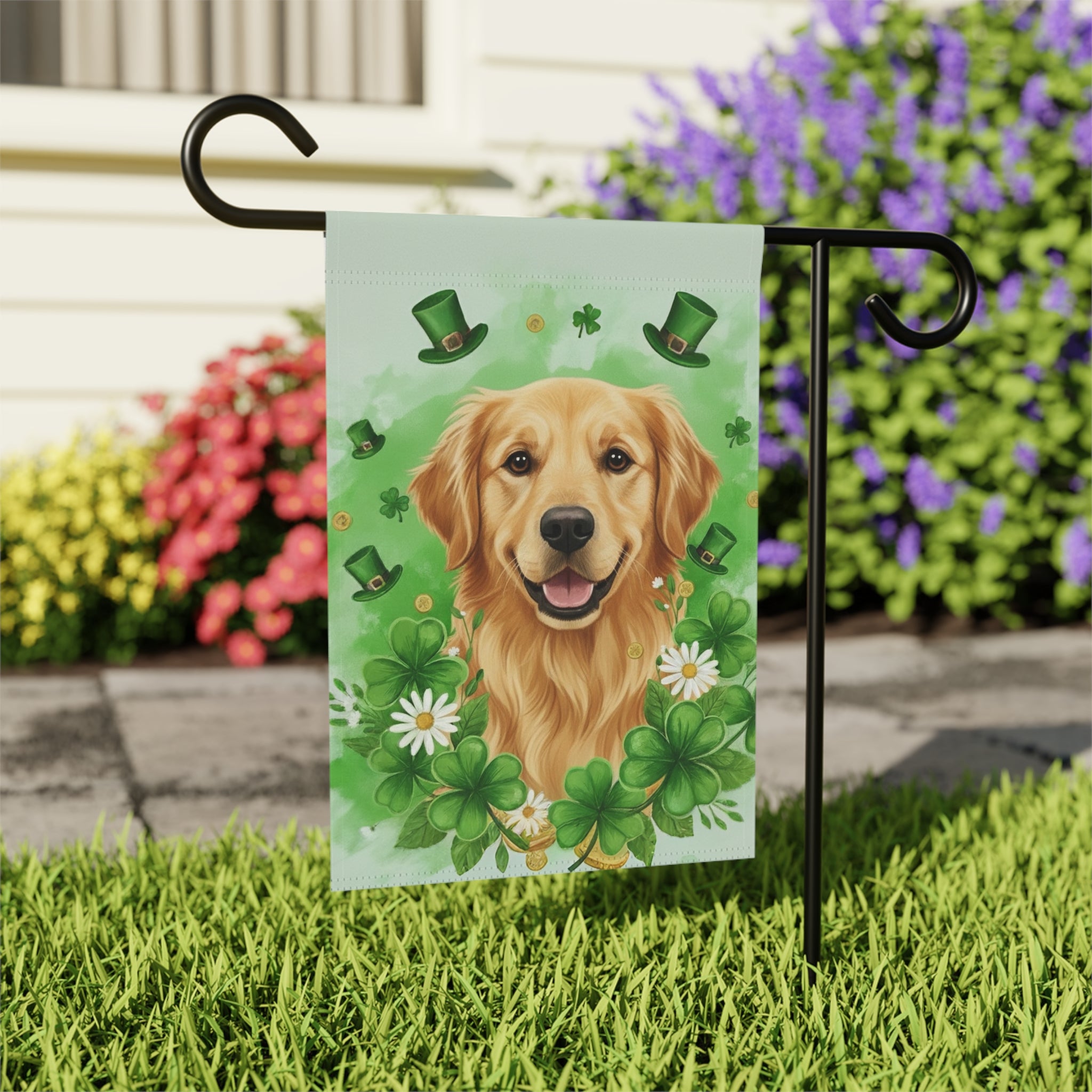 Shamrock and Golden Retriever St. Patrick's Day Garden Flag - outdoor display - Dragonfire Gardens