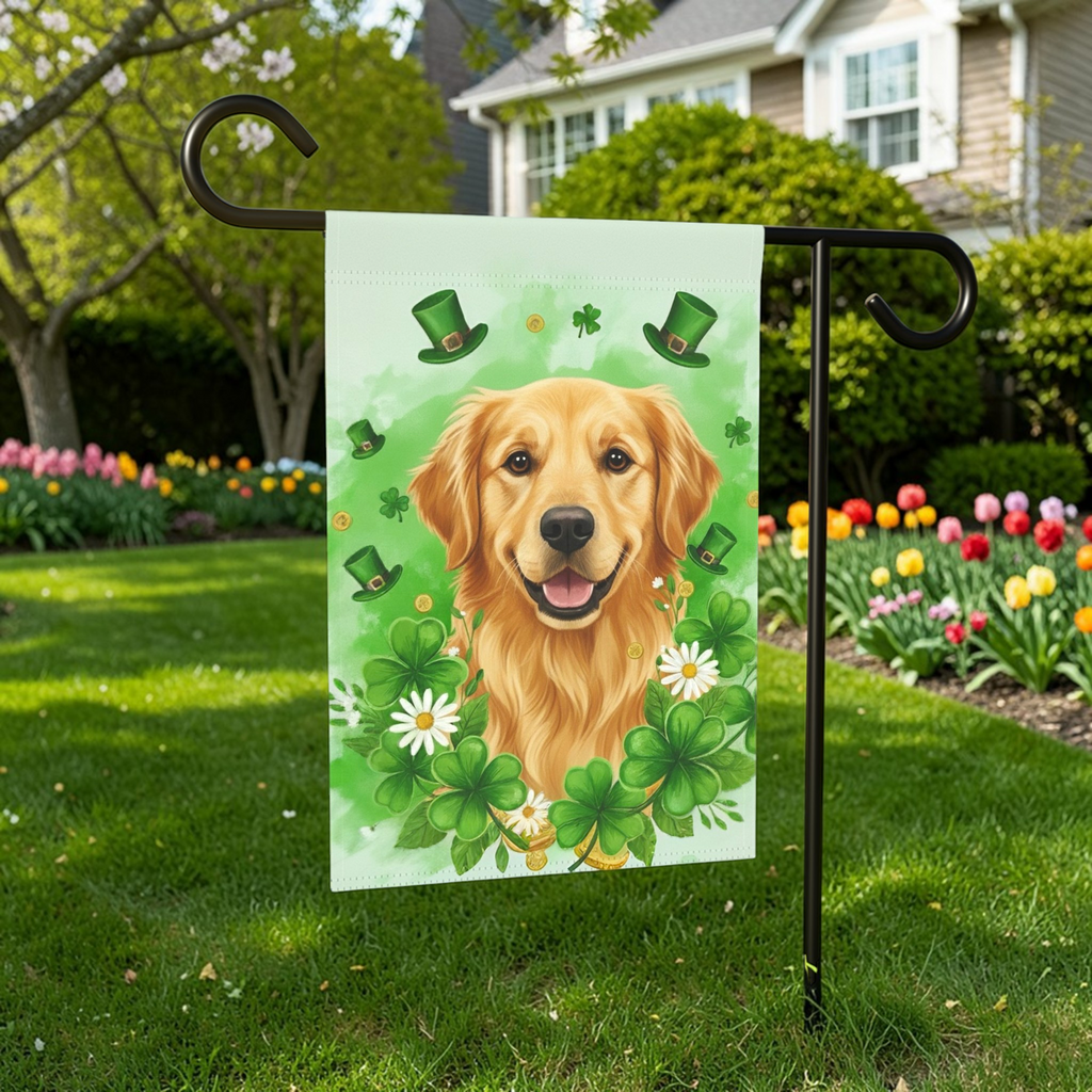 Shamrock and Golden Retriever St. Patrick's Day Garden Flag - lifestyle display - Dragonfire Gardens