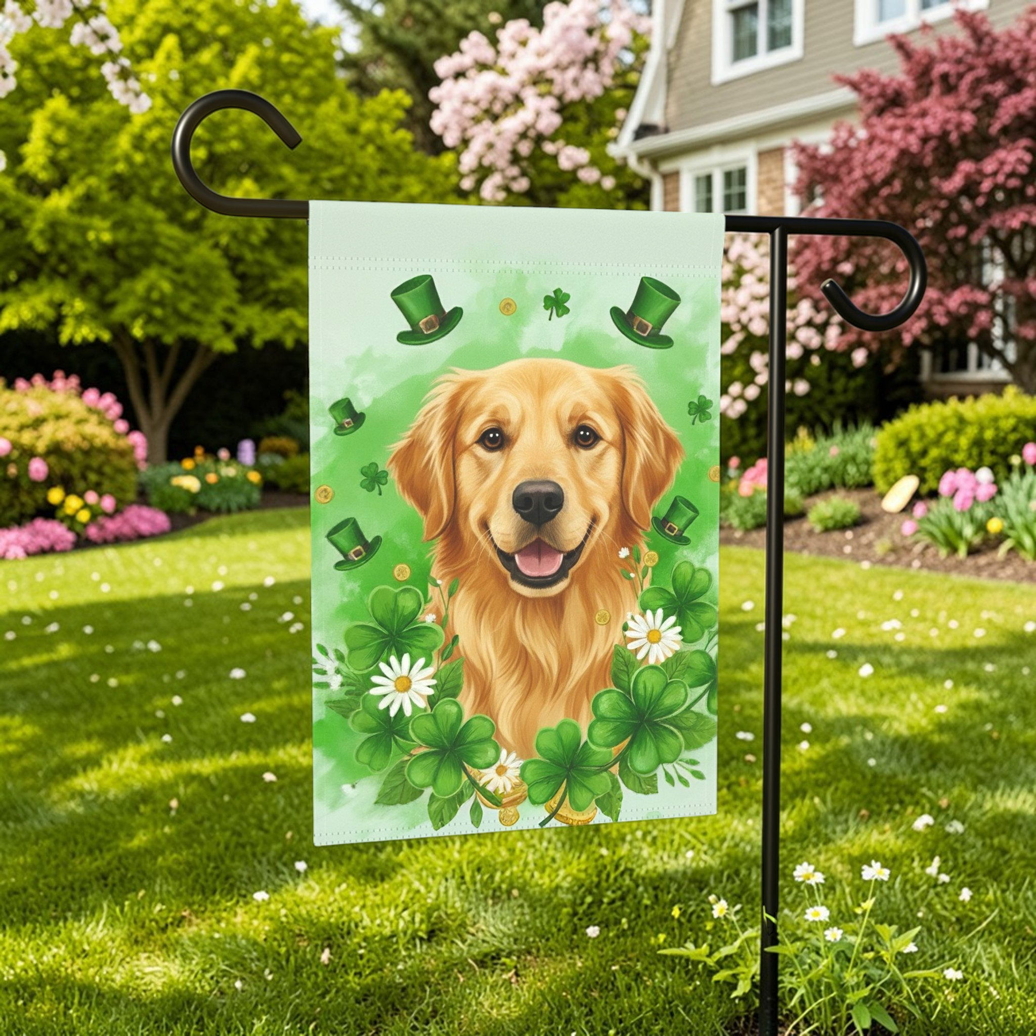 Shamrock and Golden Retriever St. Patrick's Day Garden Flag - size comparison - Dragonfire Gardens