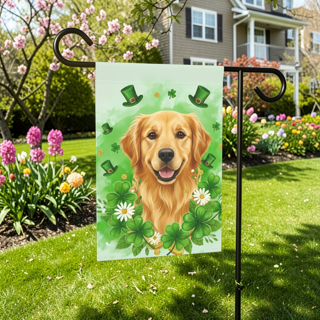 Shamrock and Golden Retriever St. Patrick's Day Garden Flag - front view - Dragonfire Gardens