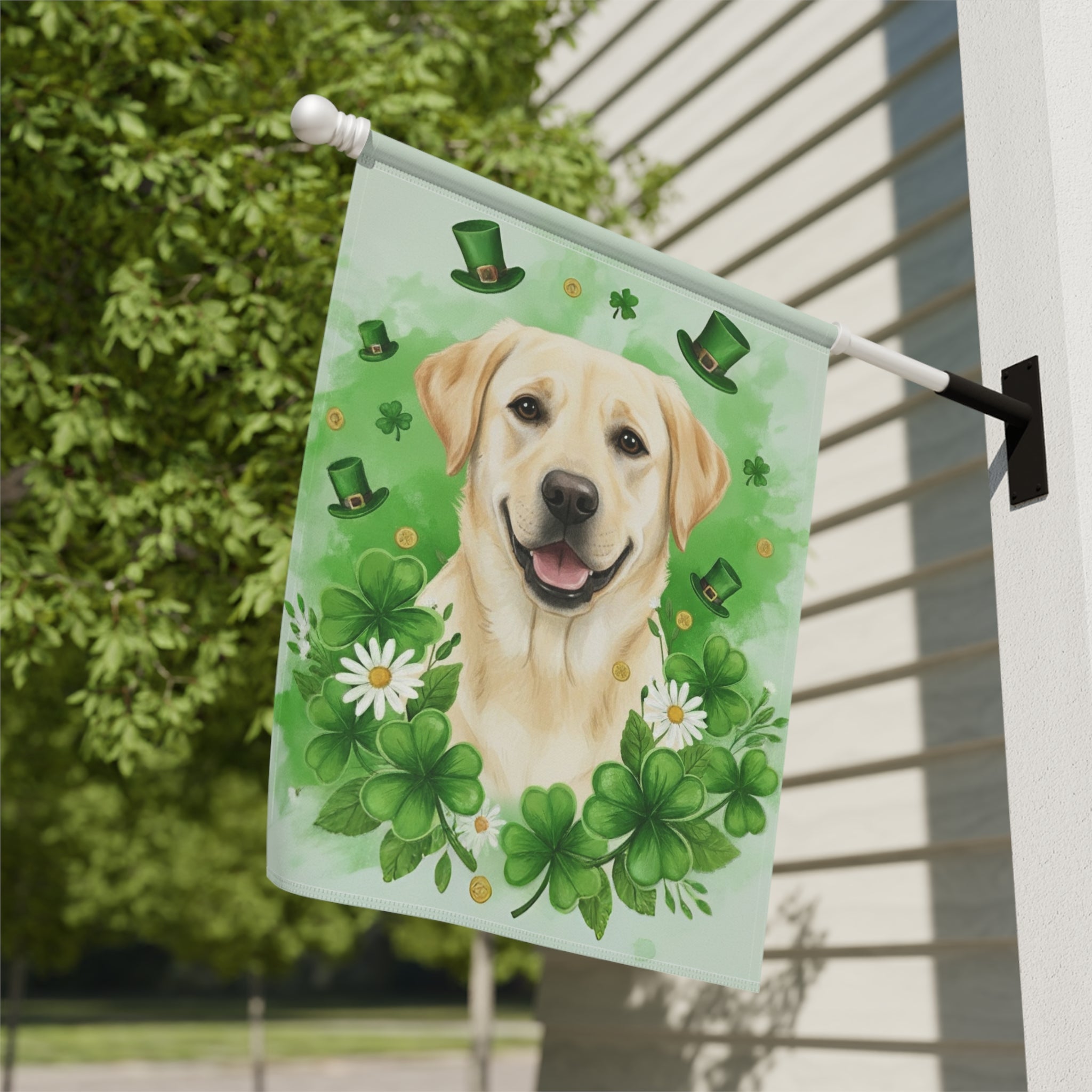 Shamrock and Yellow Labrador Retriever St. Patrick's Garden Flag - double-sided design - Dragonfire Gardens